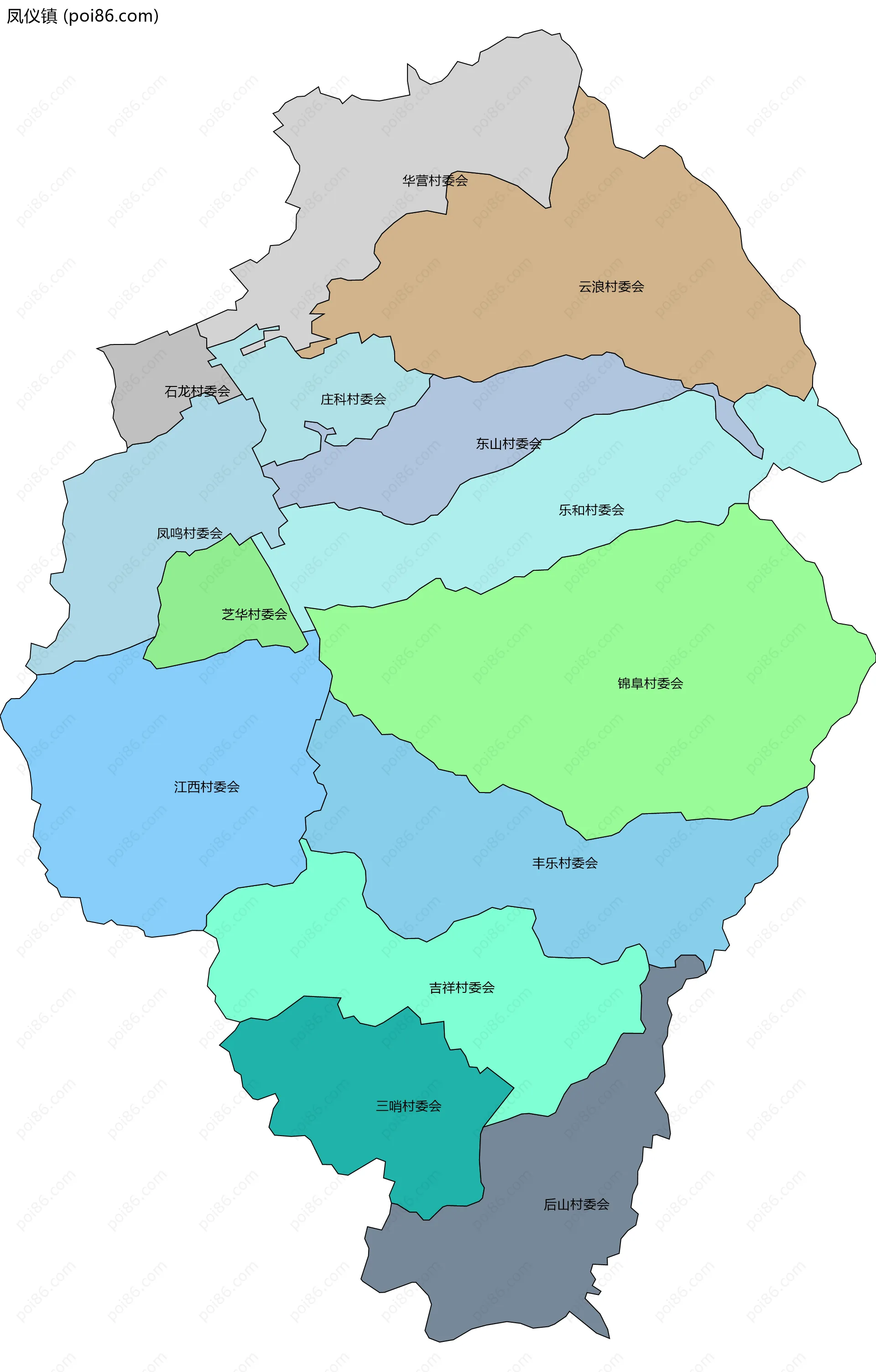凤仪镇边界地图(五级行政区划)