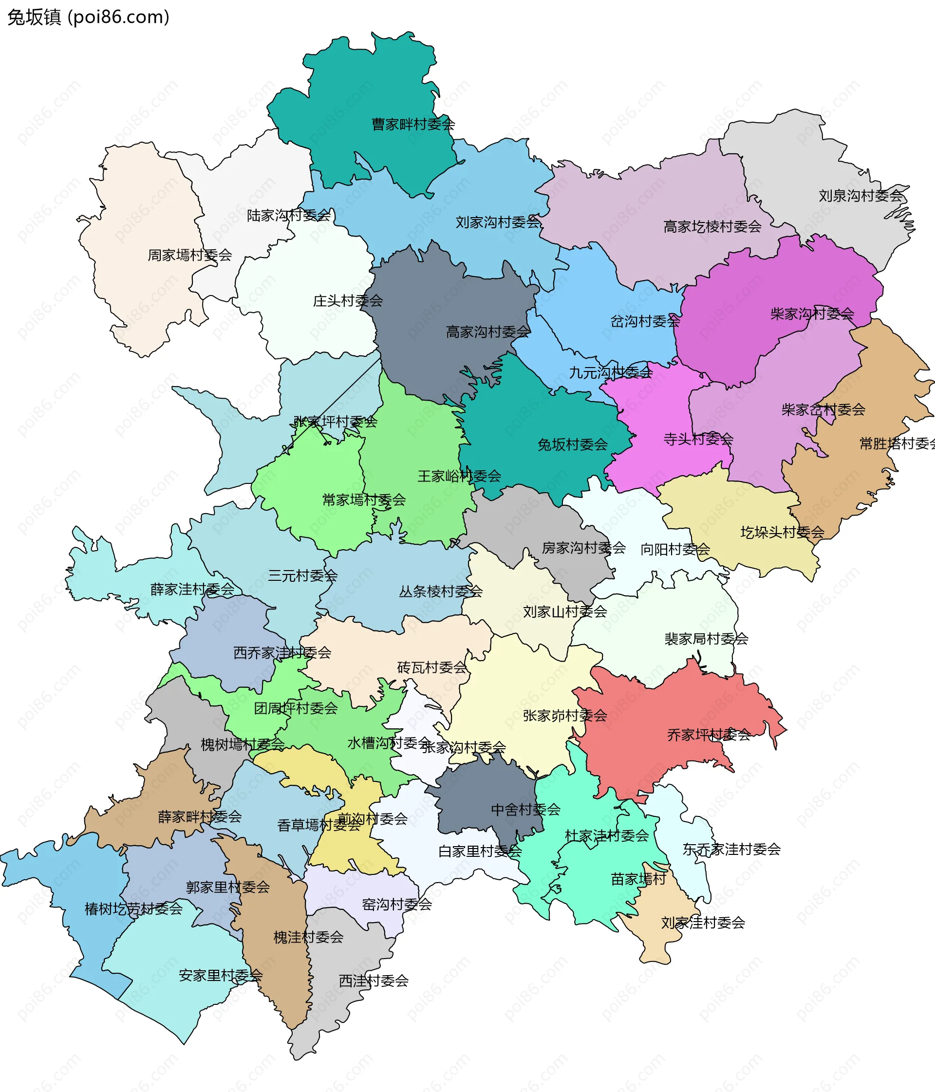 兔坂镇边界地图(五级行政区划)