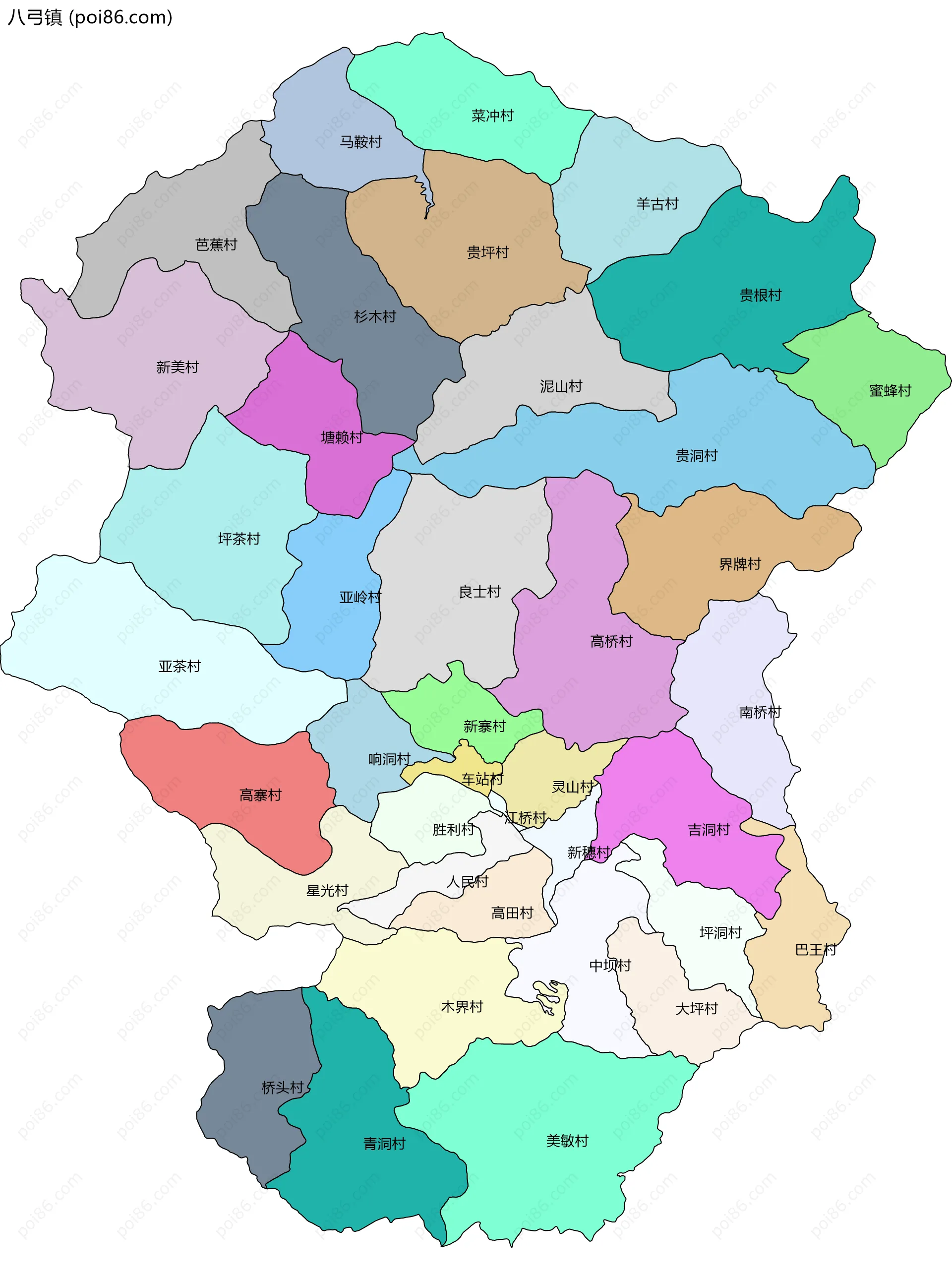 八弓镇边界地图(五级行政区划)