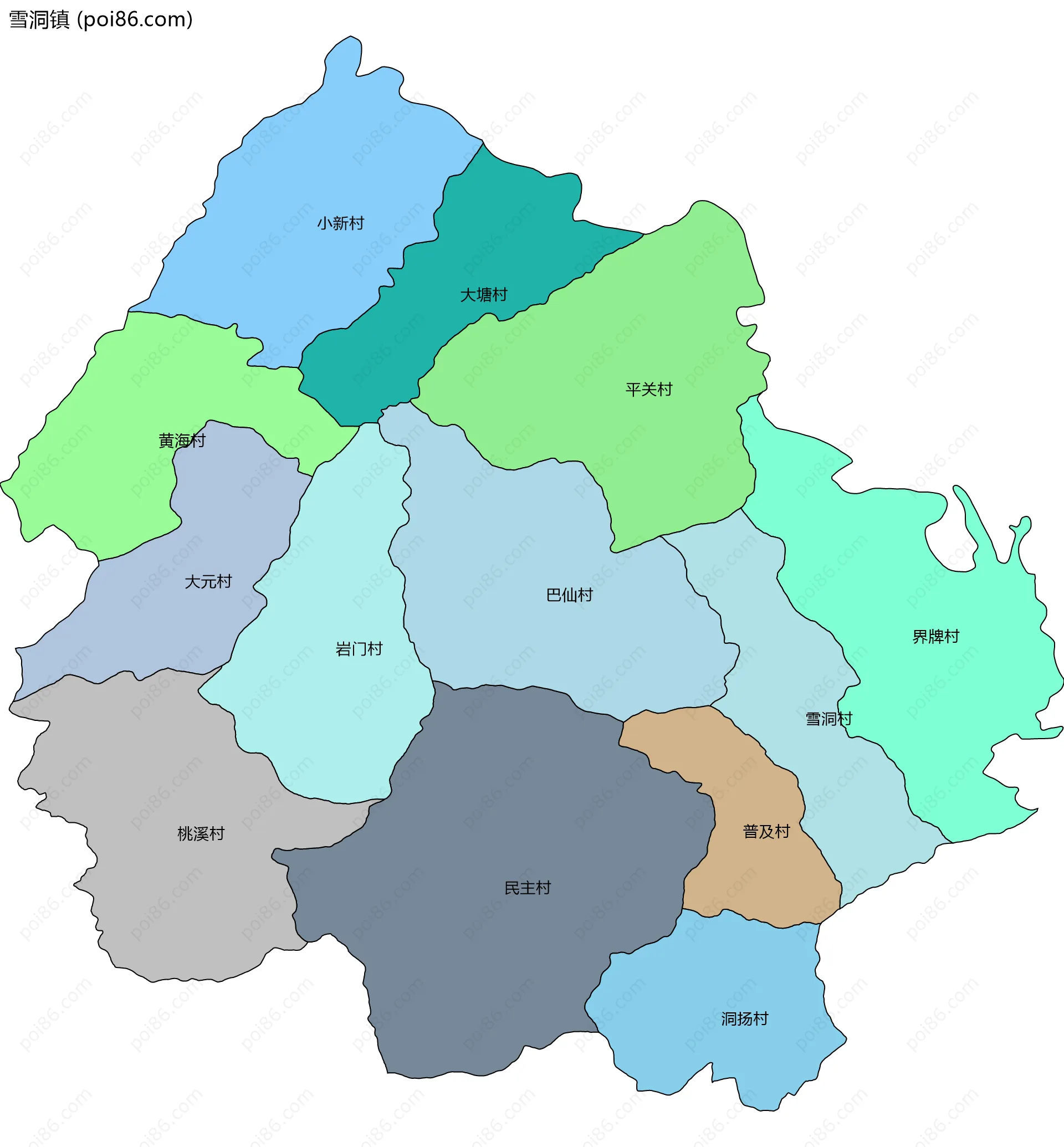 雪洞镇边界地图(五级行政区划)