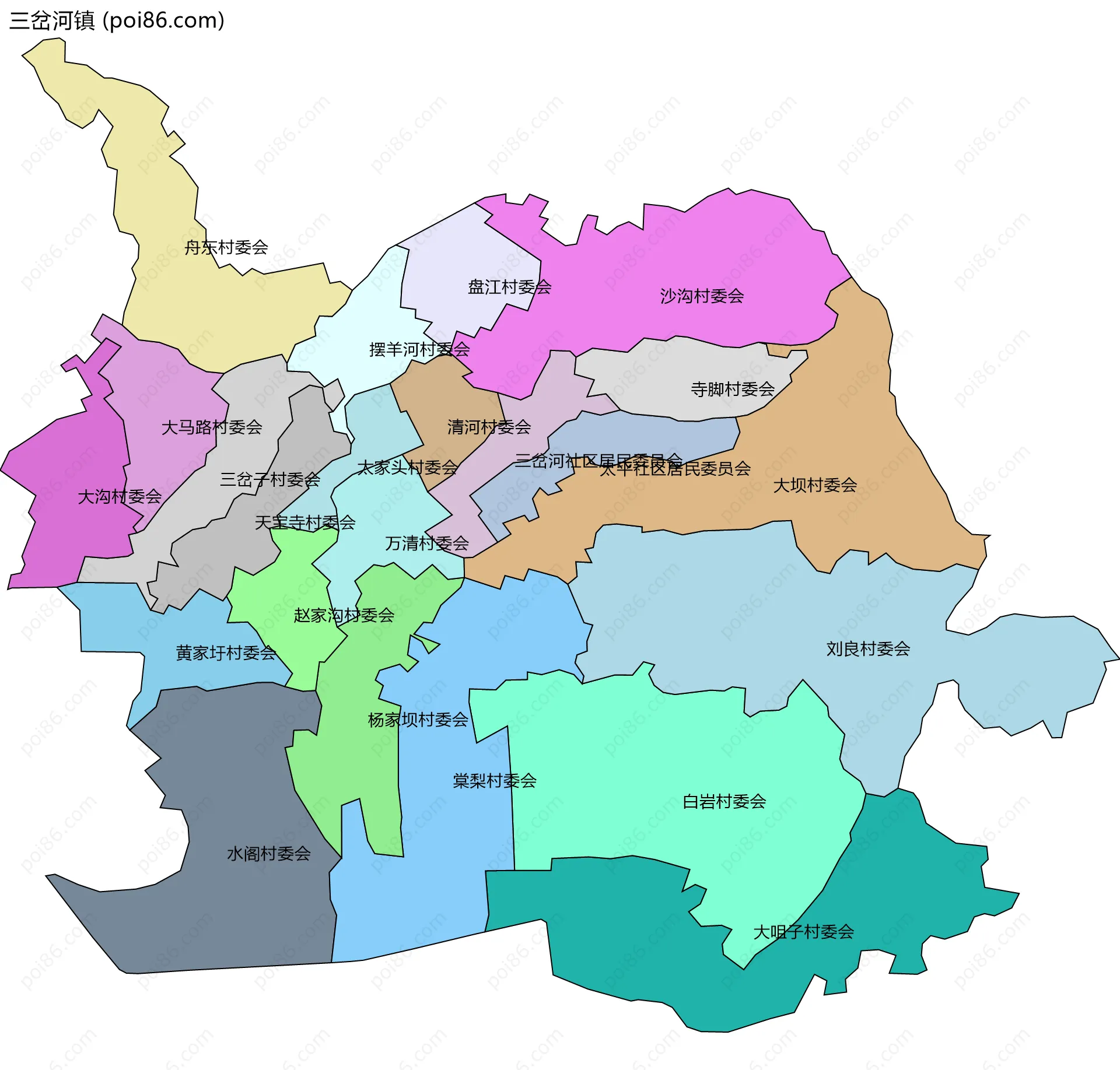 三岔河镇边界地图(五级行政区划)