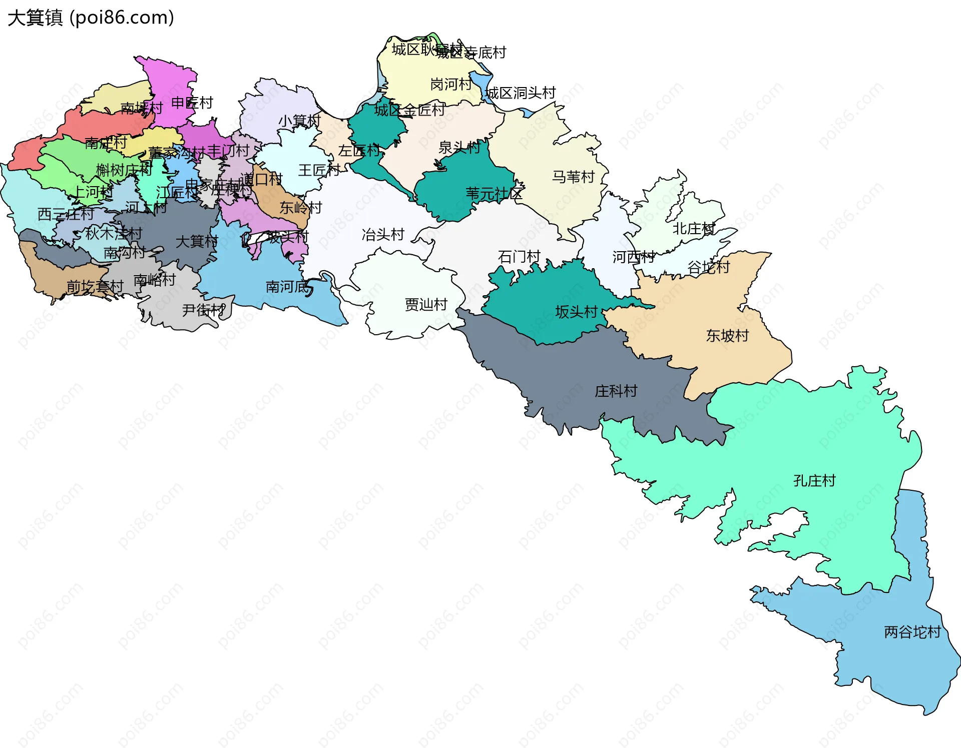 大箕镇边界地图(五级行政区划)