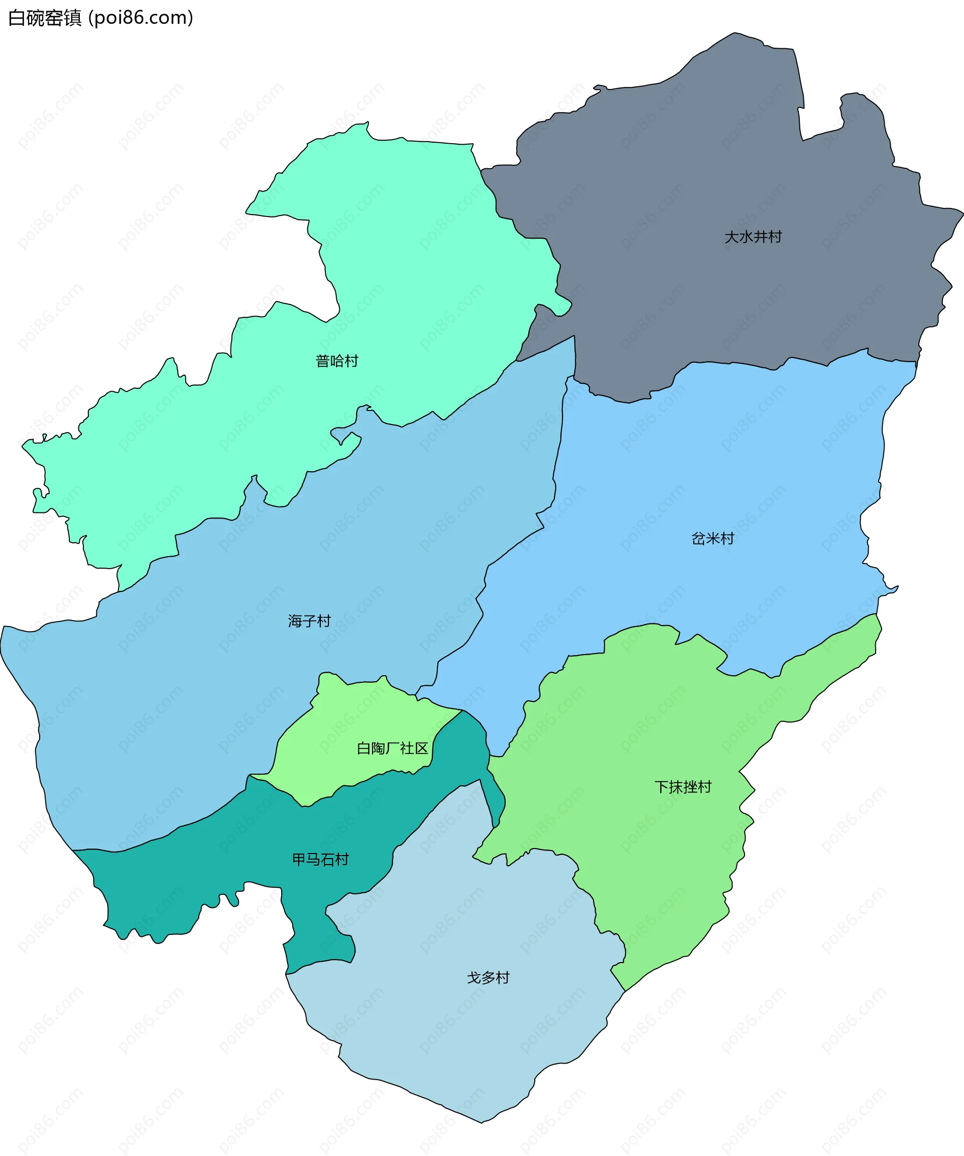 白碗窑镇边界地图(五级行政区划)