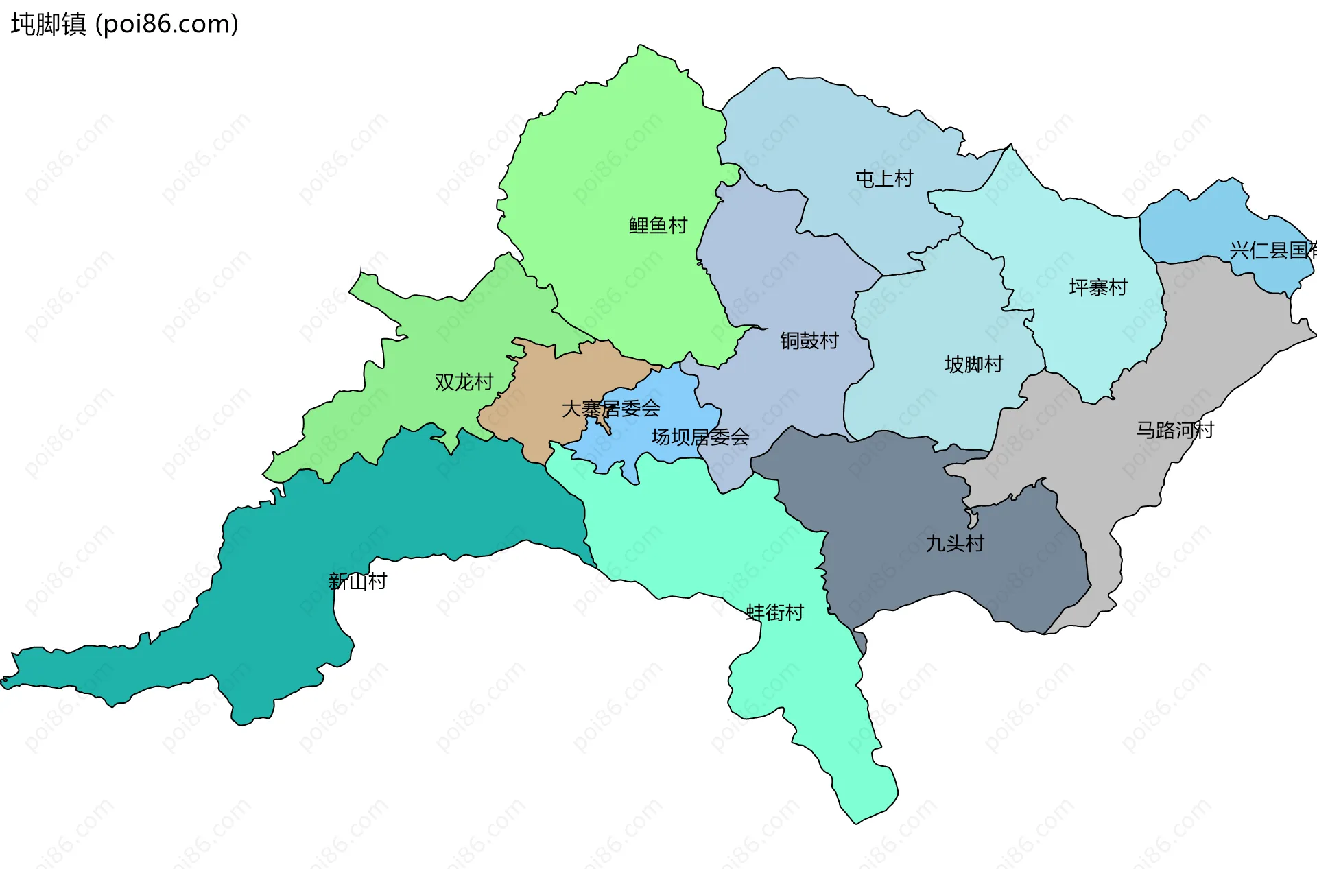 坉脚镇边界地图(五级行政区划)