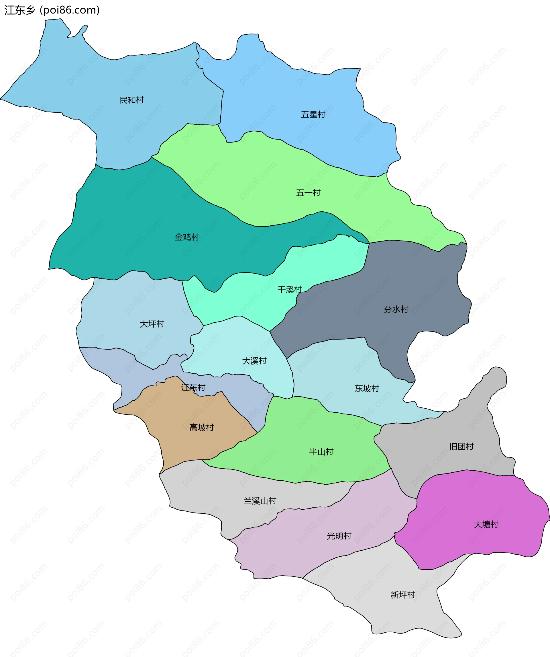 江东乡边界地图(五级行政区划)