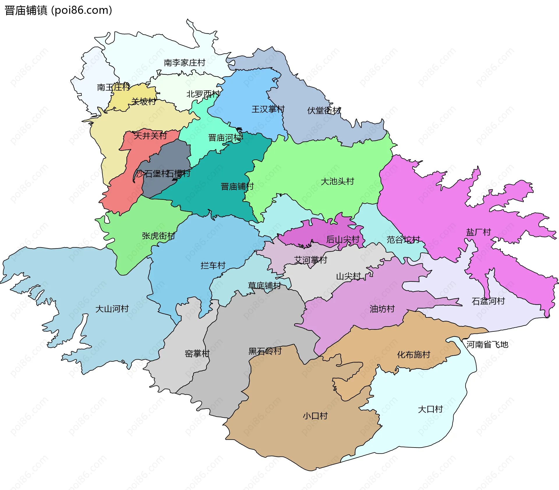 晋庙铺镇边界地图(五级行政区划)