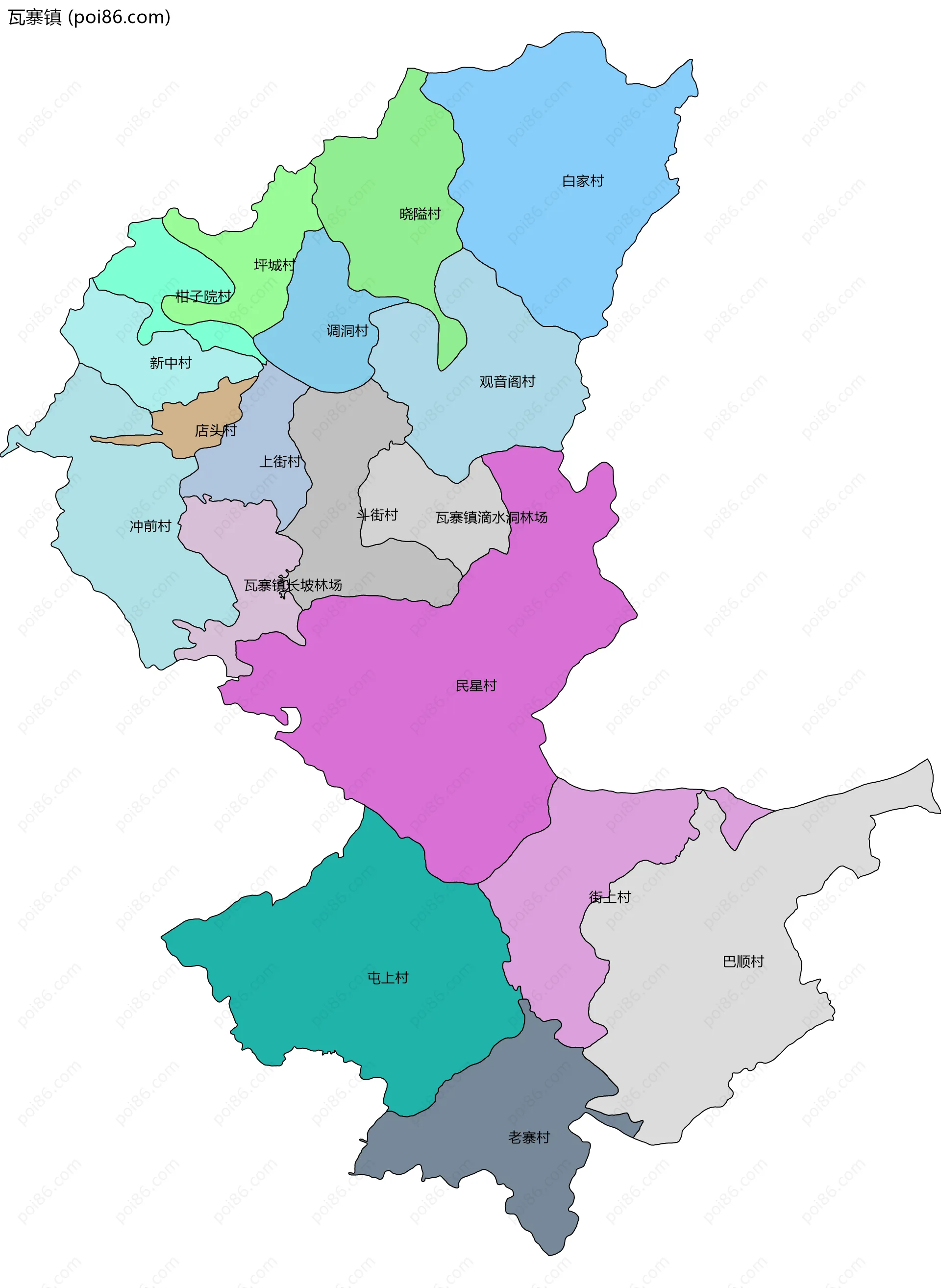 瓦寨镇边界地图(五级行政区划)