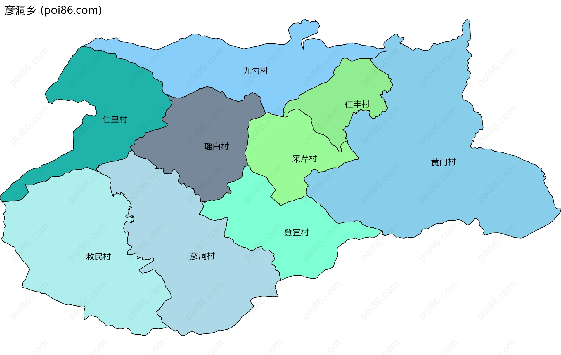 彦洞乡边界地图(五级行政区划)