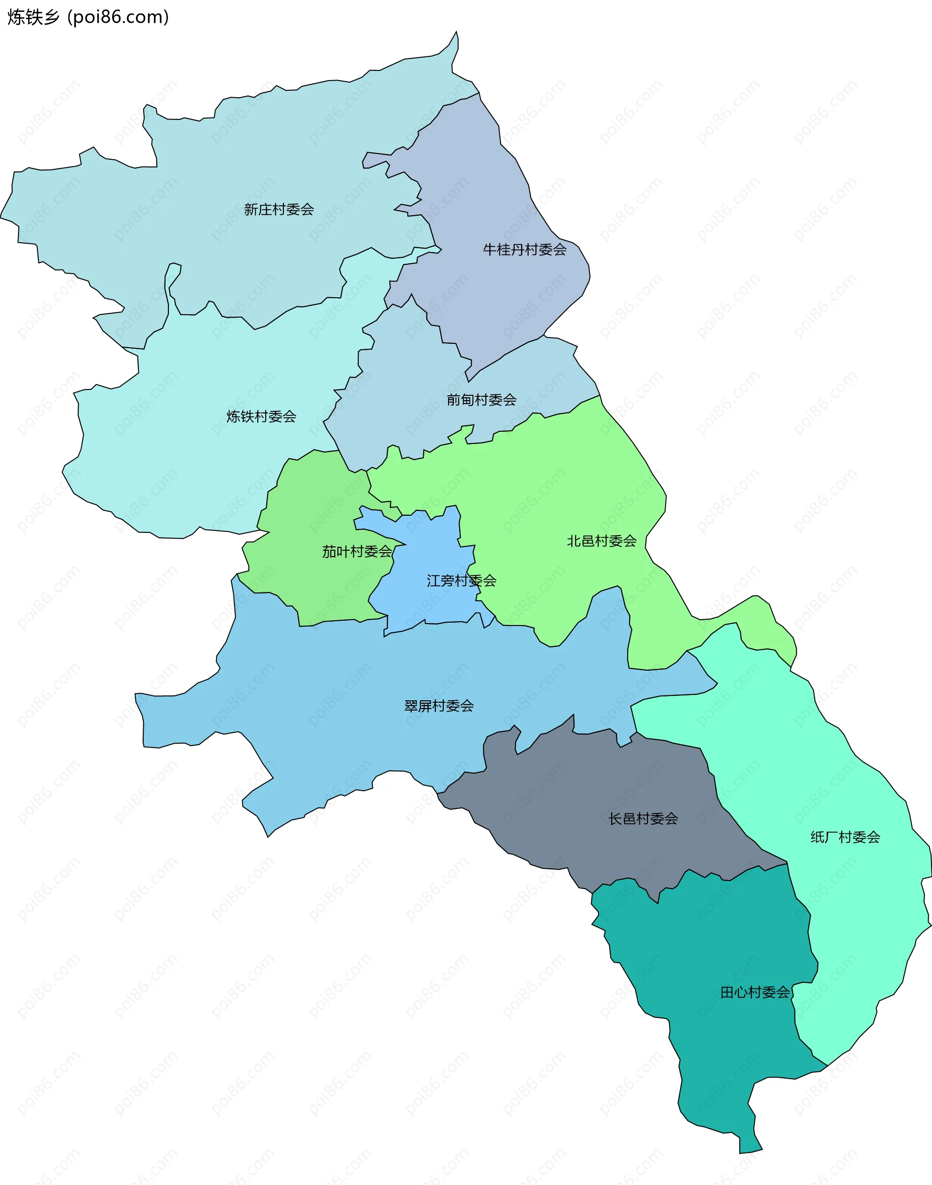 炼铁乡边界地图(五级行政区划)