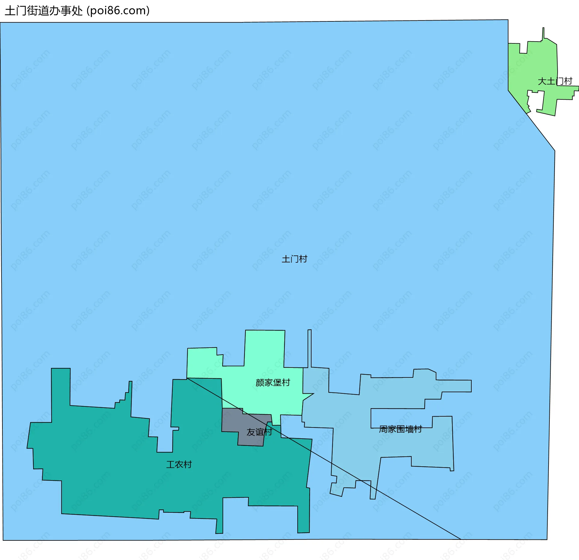 土门街道办事处边界地图(五级行政区划)