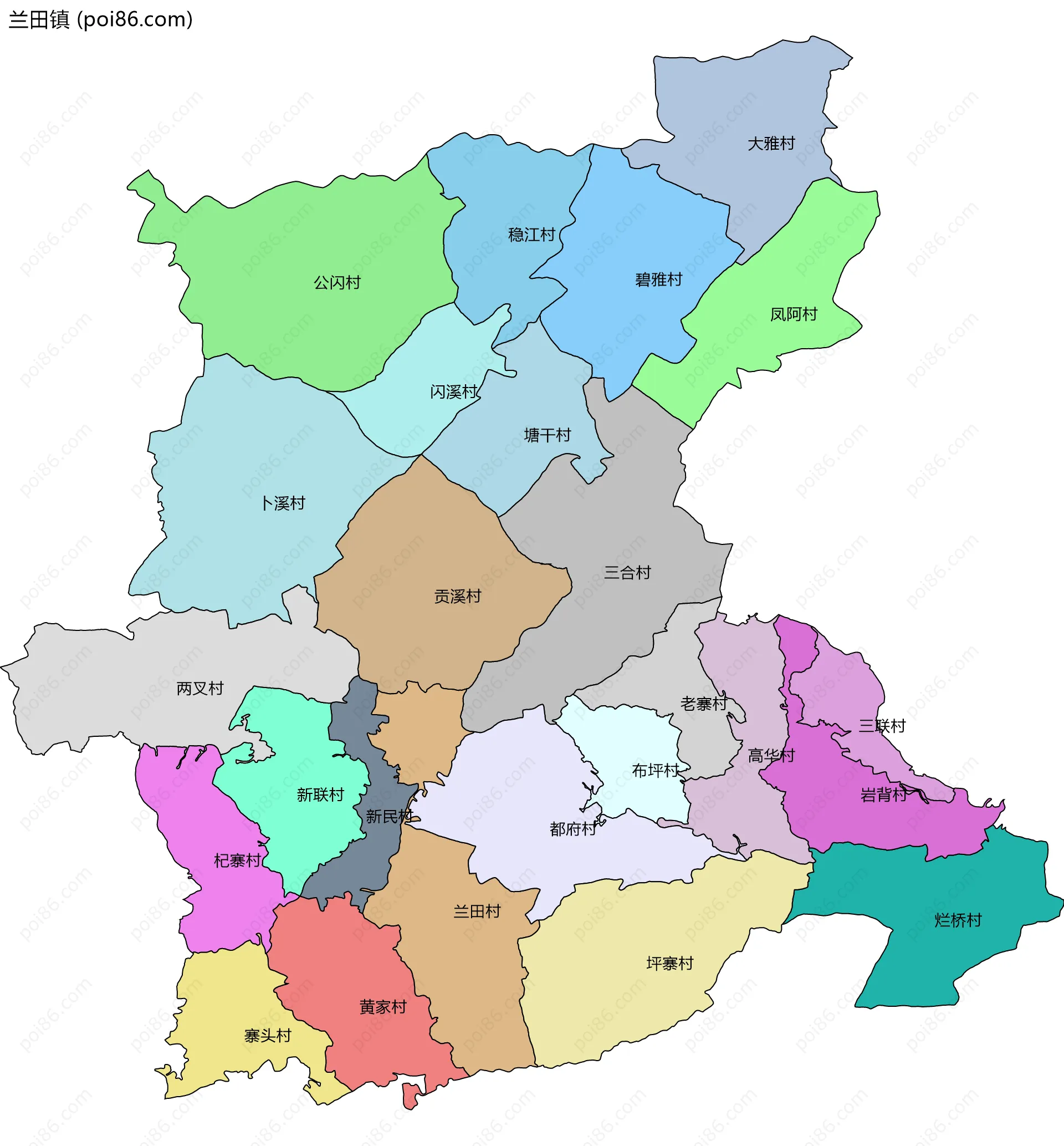 兰田镇边界地图(五级行政区划)