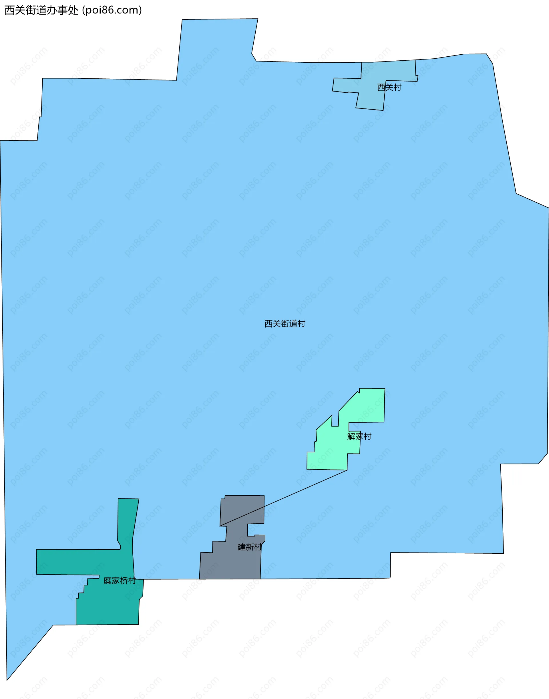 西关街道办事处边界地图(五级行政区划)