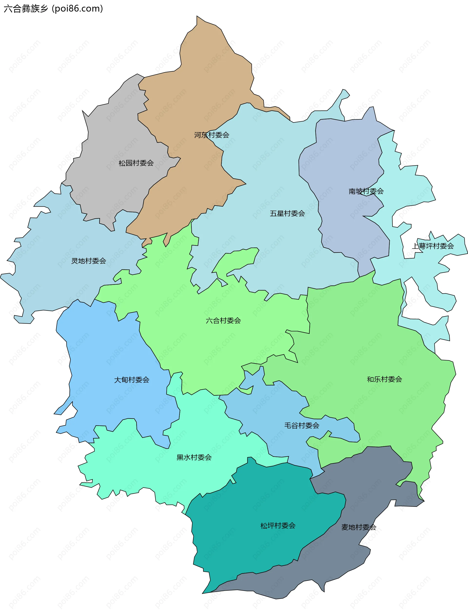 六合彝族乡边界地图(五级行政区划)