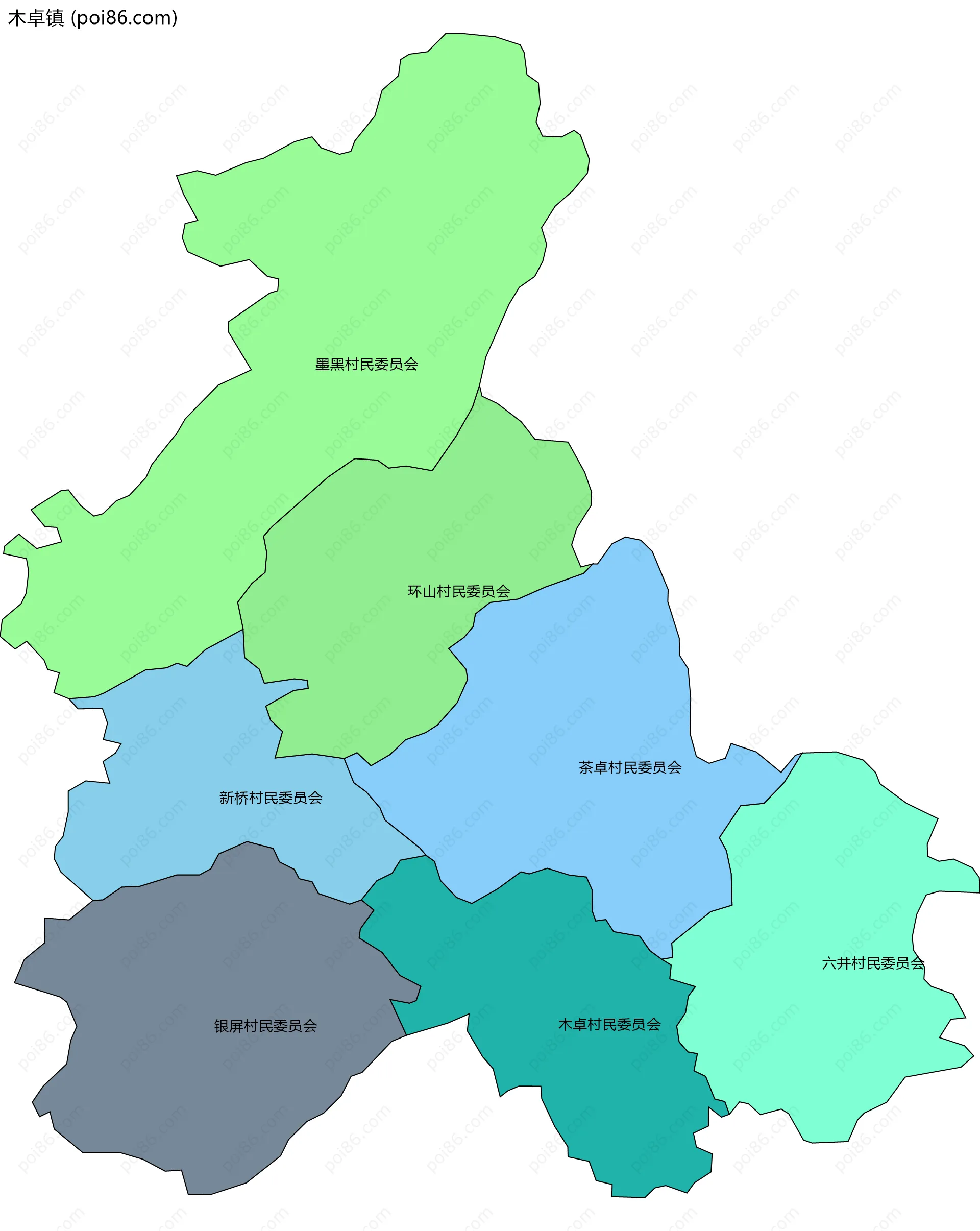 木卓镇边界地图(五级行政区划)