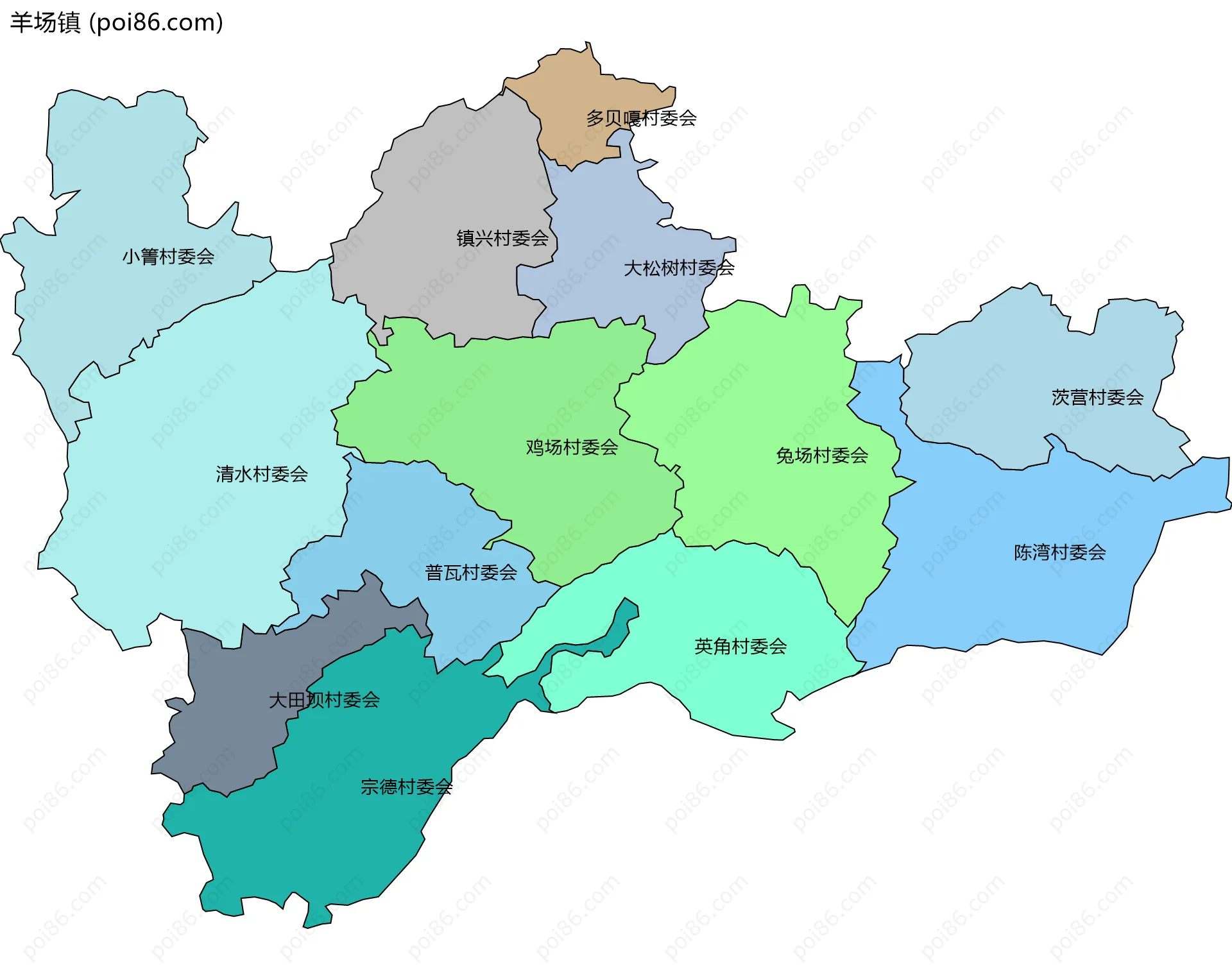 羊场镇边界地图(五级行政区划)