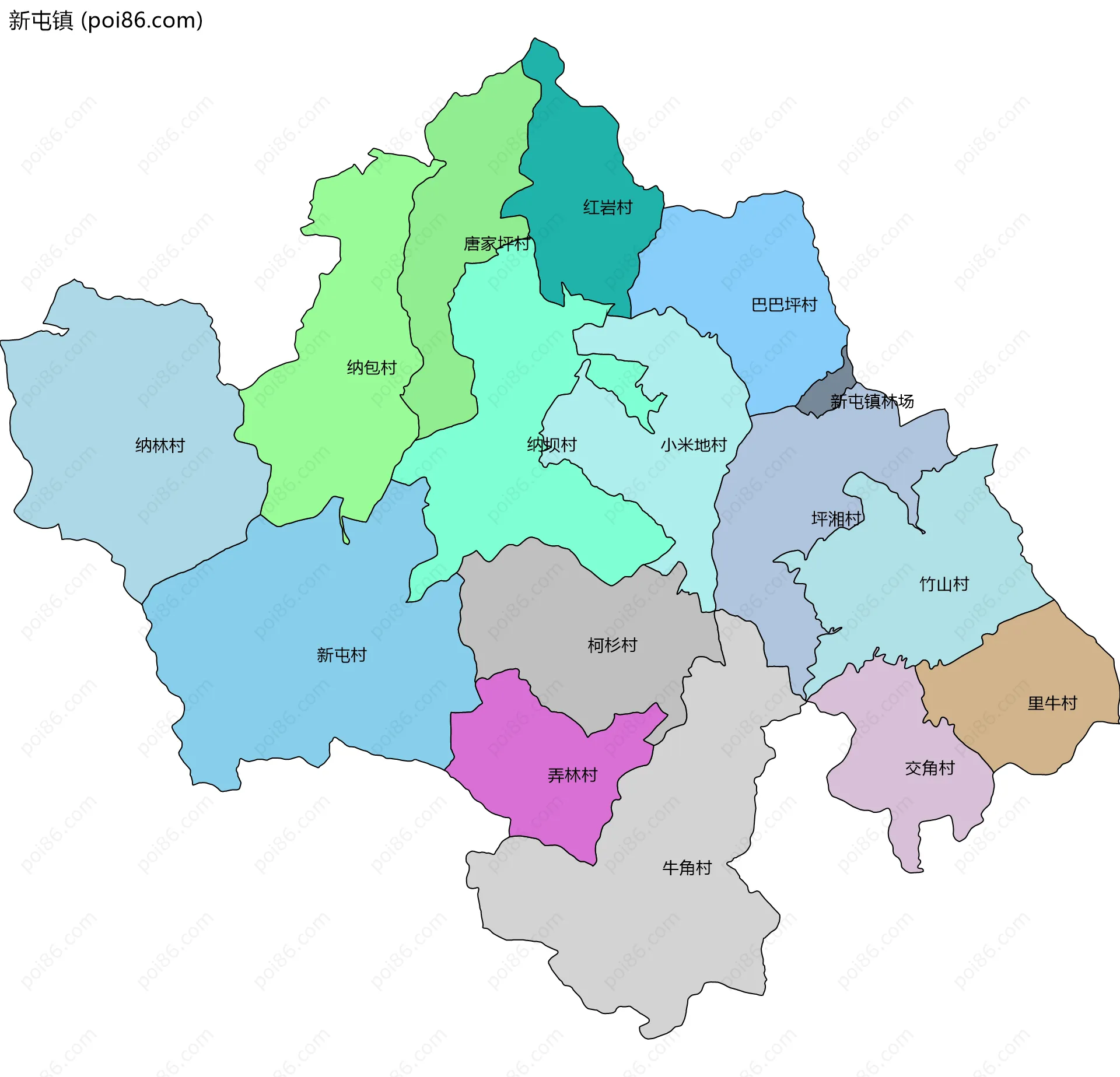 新屯镇边界地图(五级行政区划)