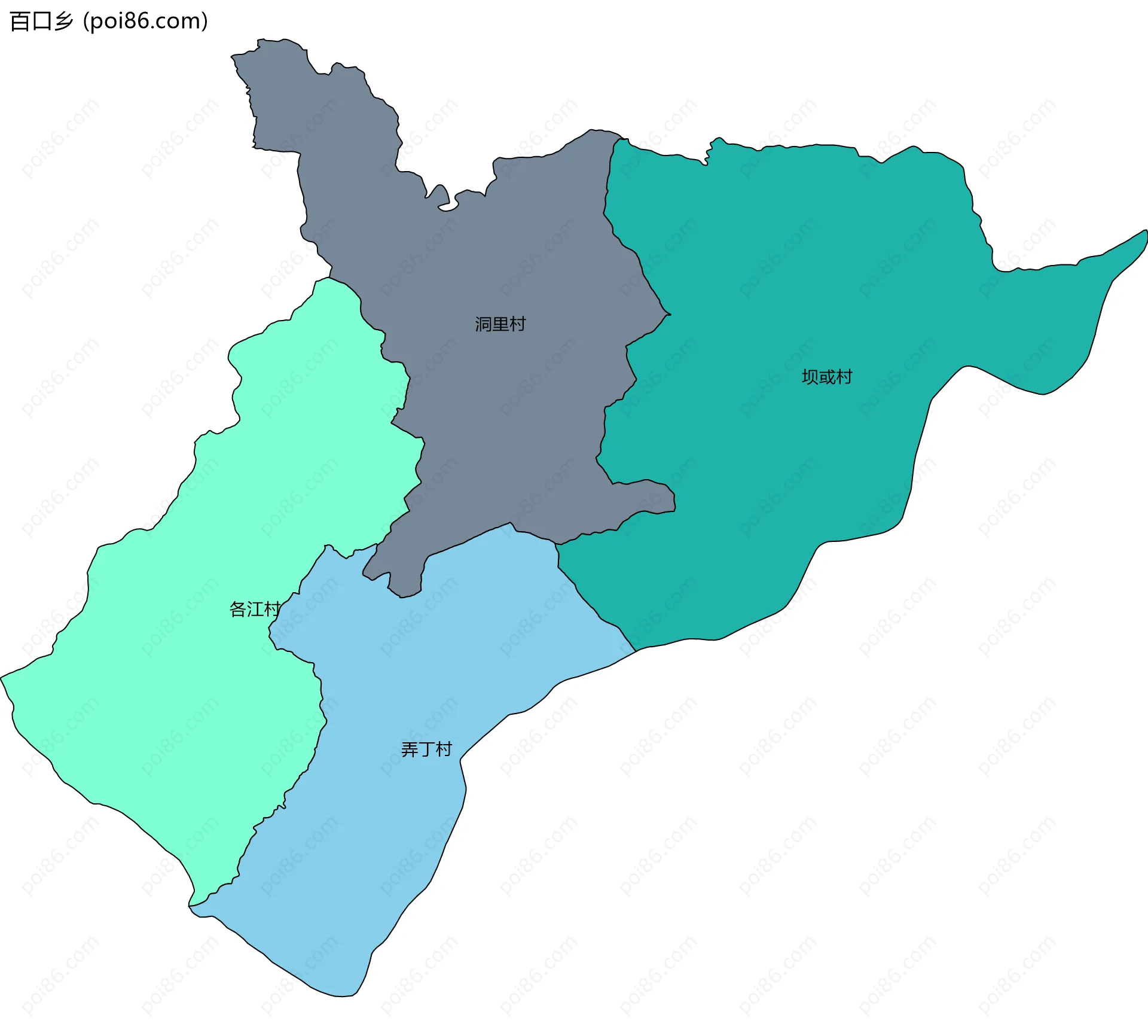 百口乡边界地图(五级行政区划)