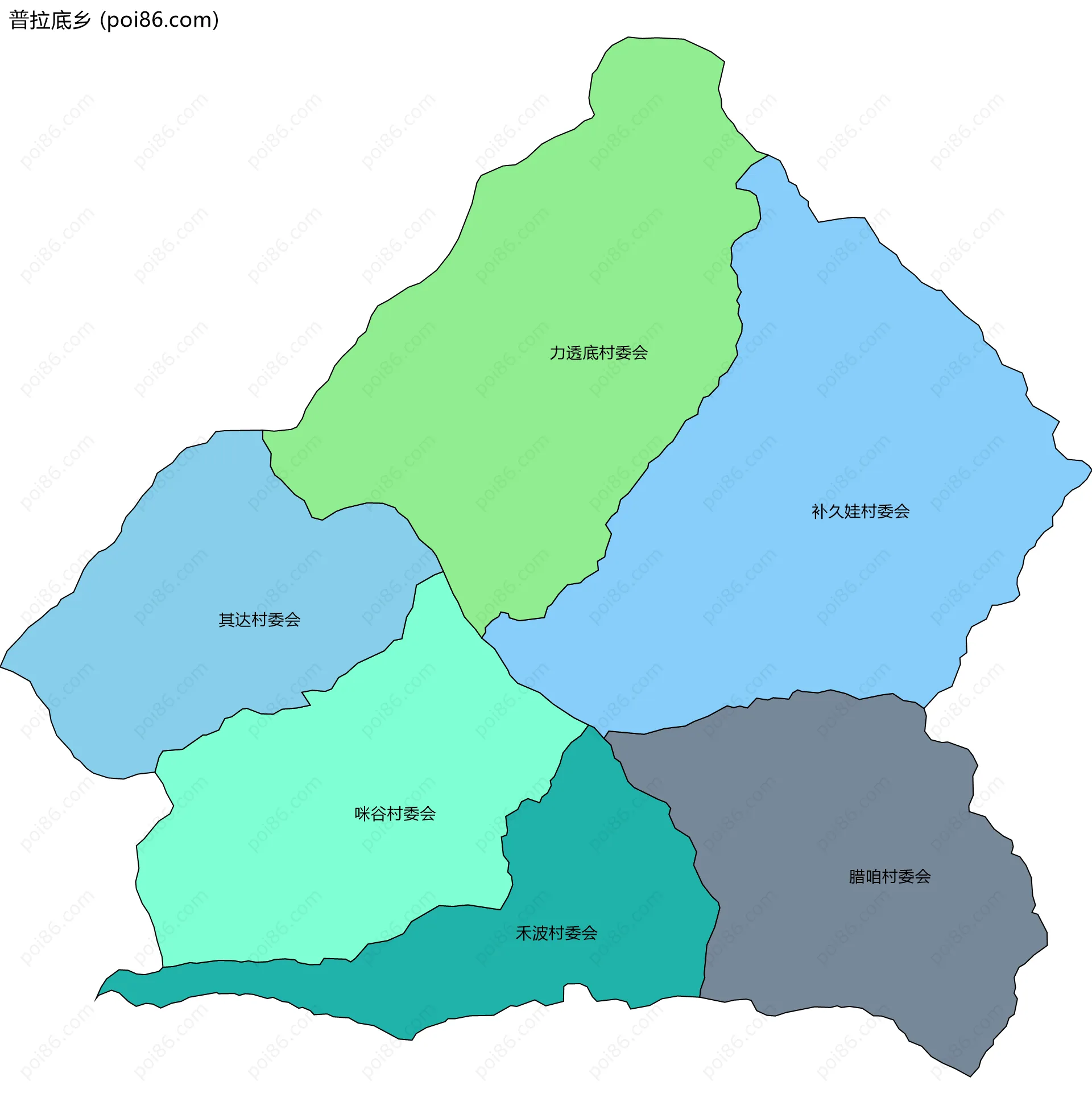 普拉底乡边界地图(五级行政区划)