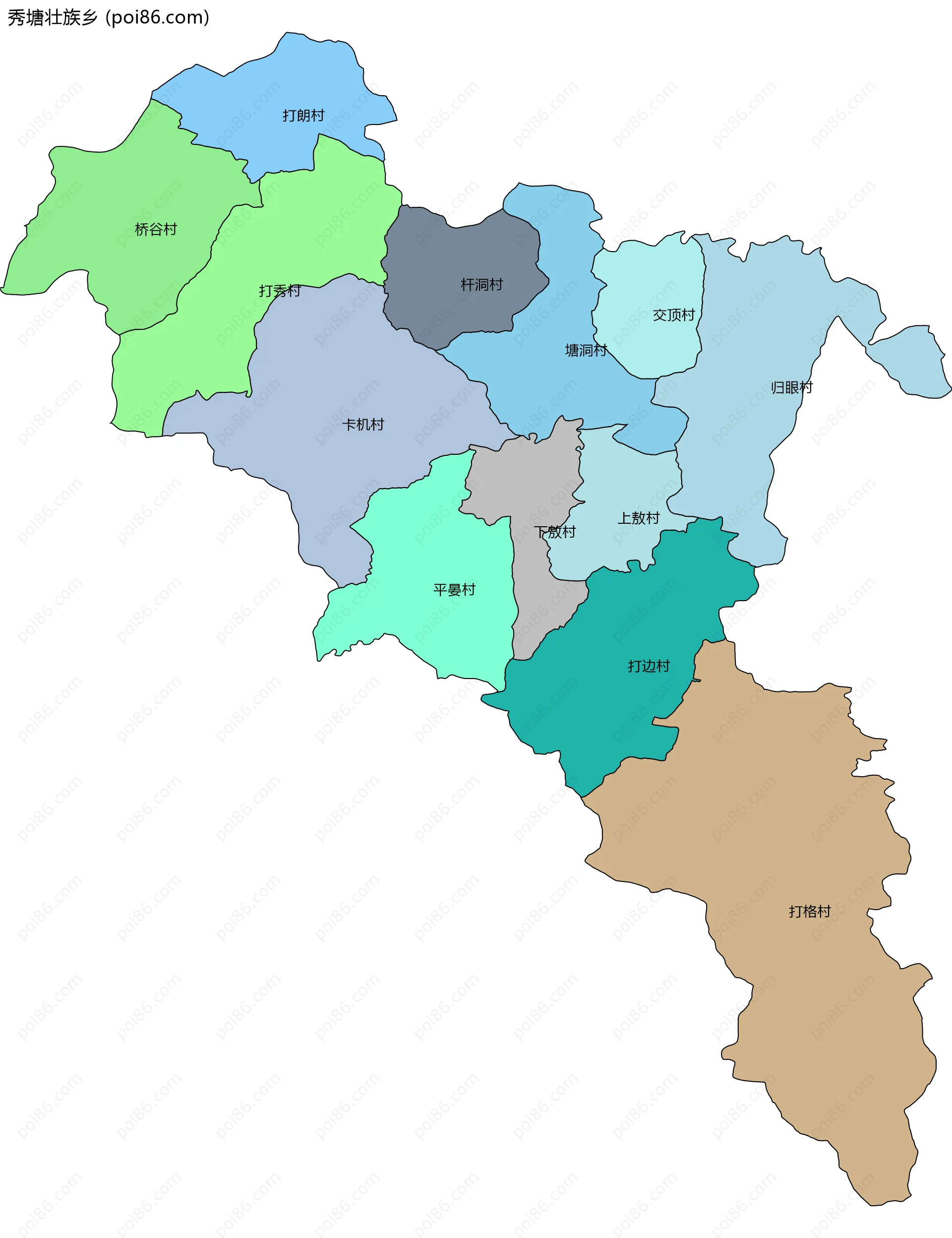 秀塘壮族乡边界地图(五级行政区划)