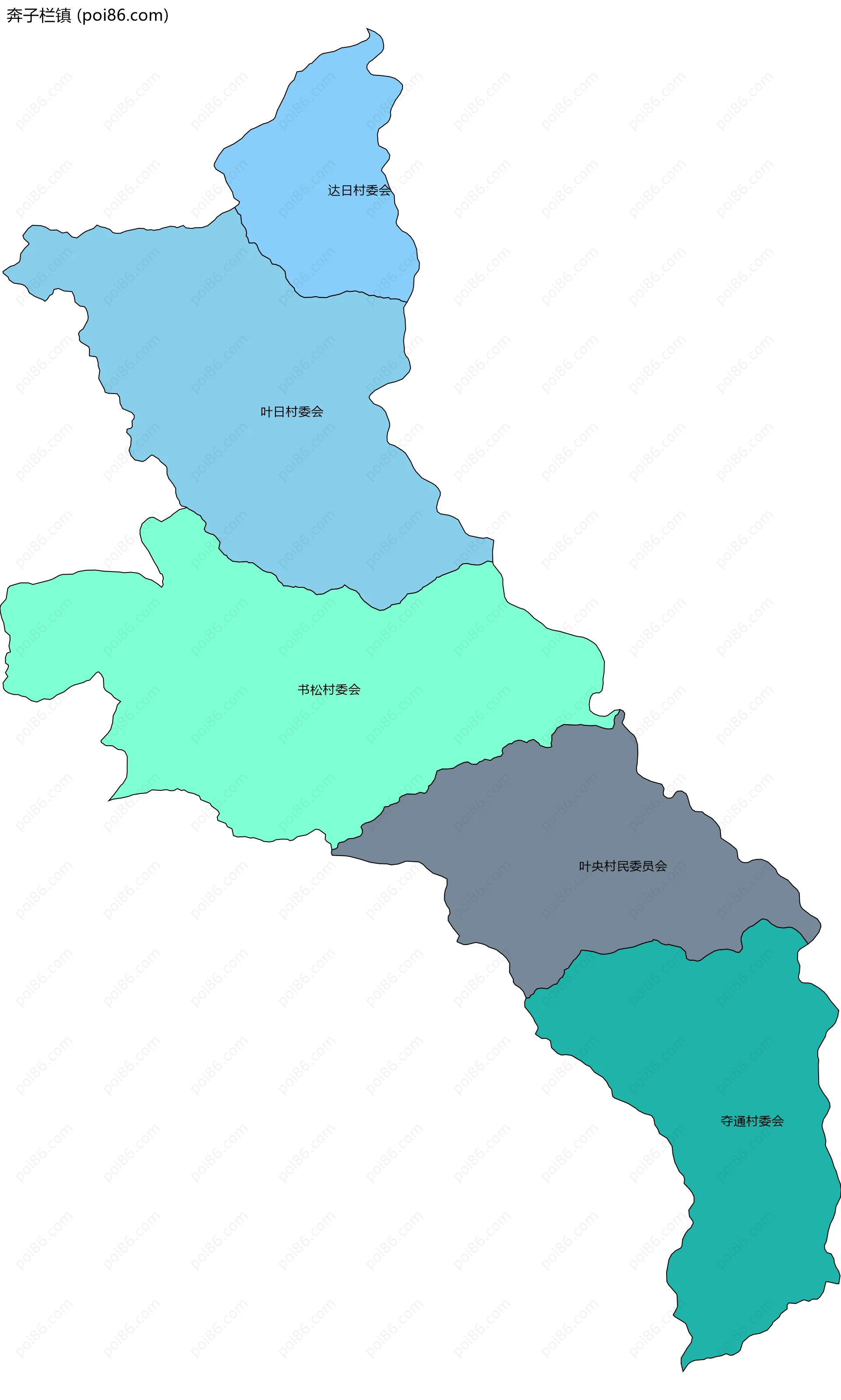 奔子栏镇边界地图(五级行政区划)