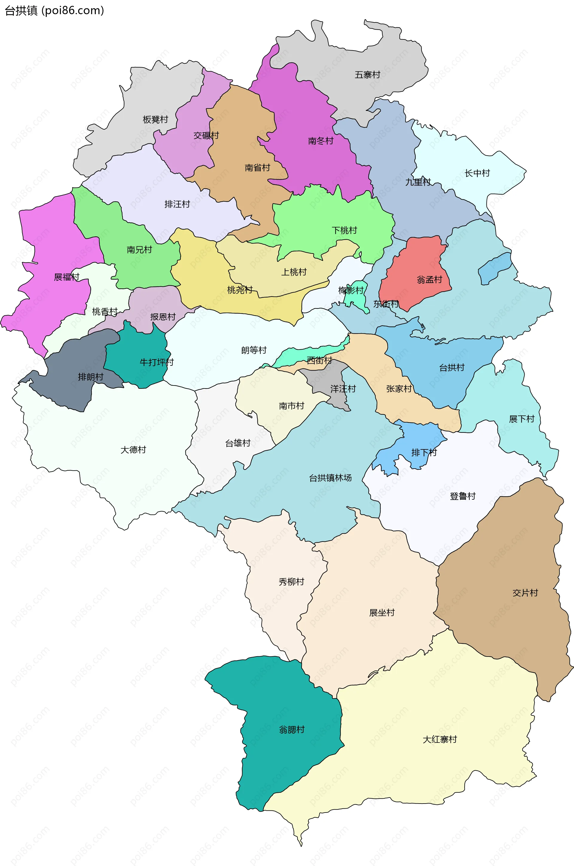 台拱镇边界地图(五级行政区划)