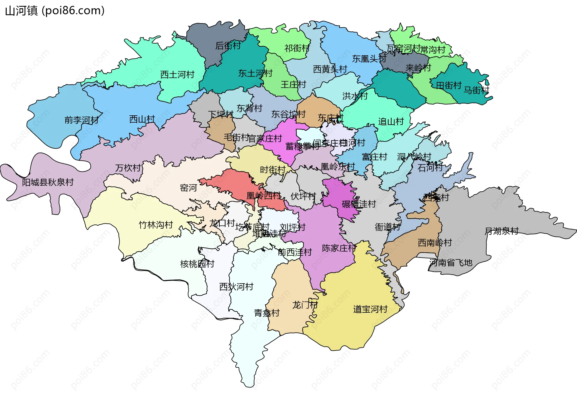 山河镇边界地图(五级行政区划)