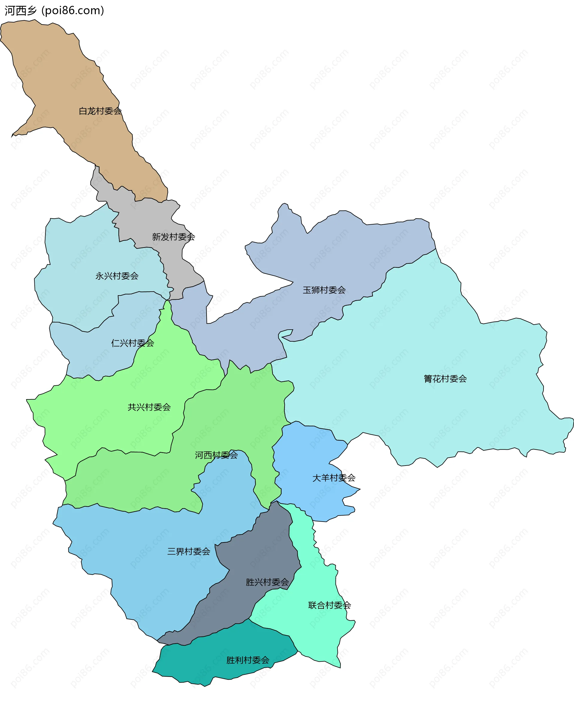 河西乡边界地图(五级行政区划)