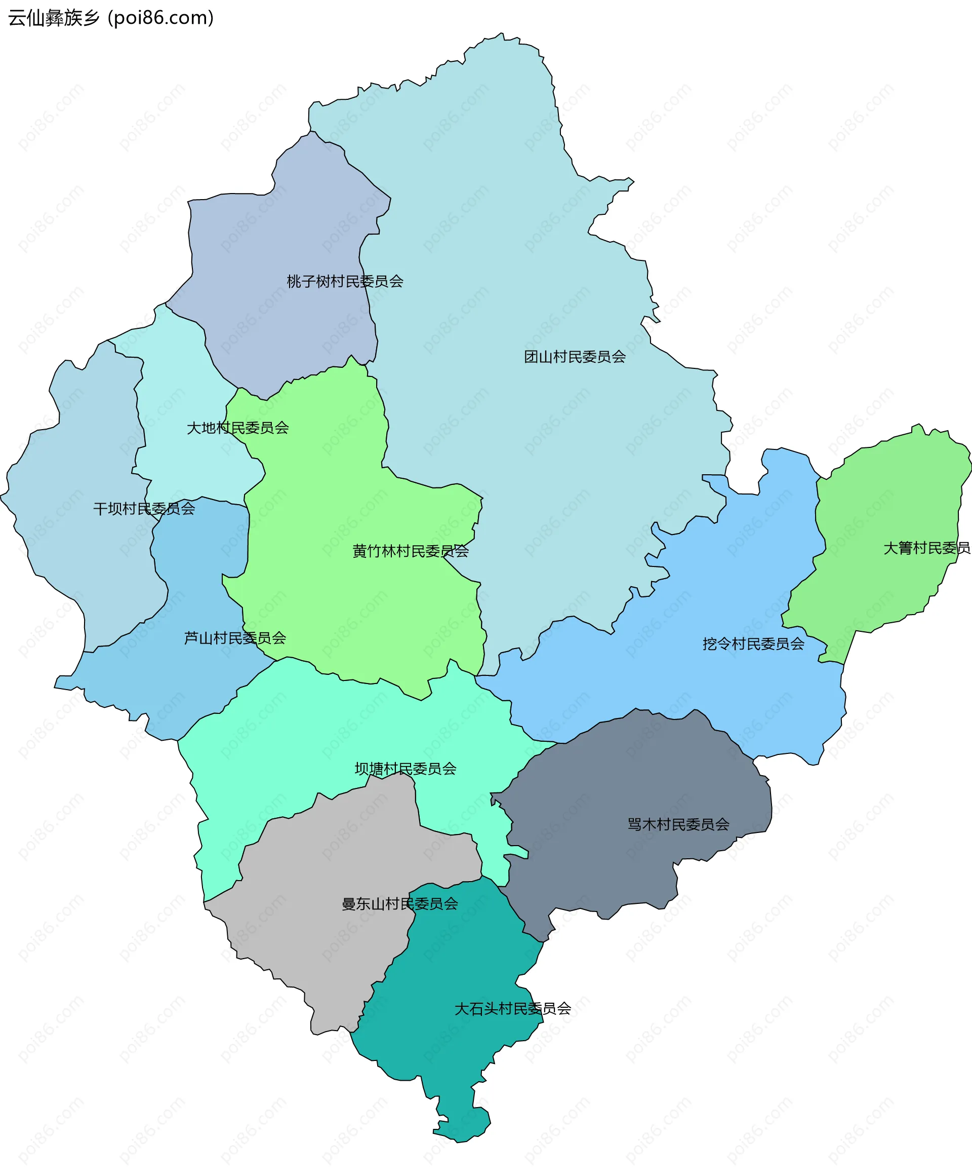 云仙彝族乡边界地图(五级行政区划)