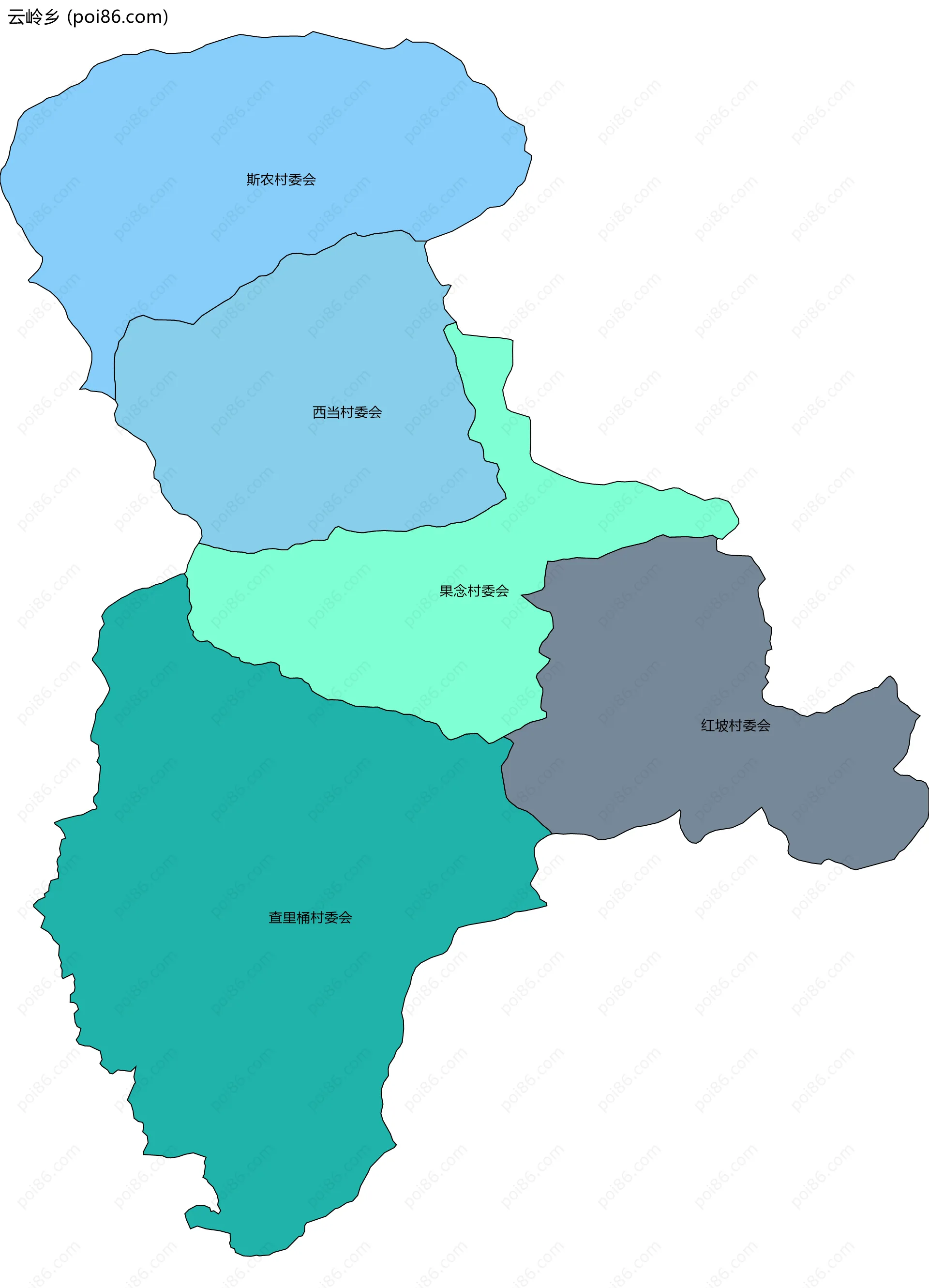 云岭乡边界地图(五级行政区划)