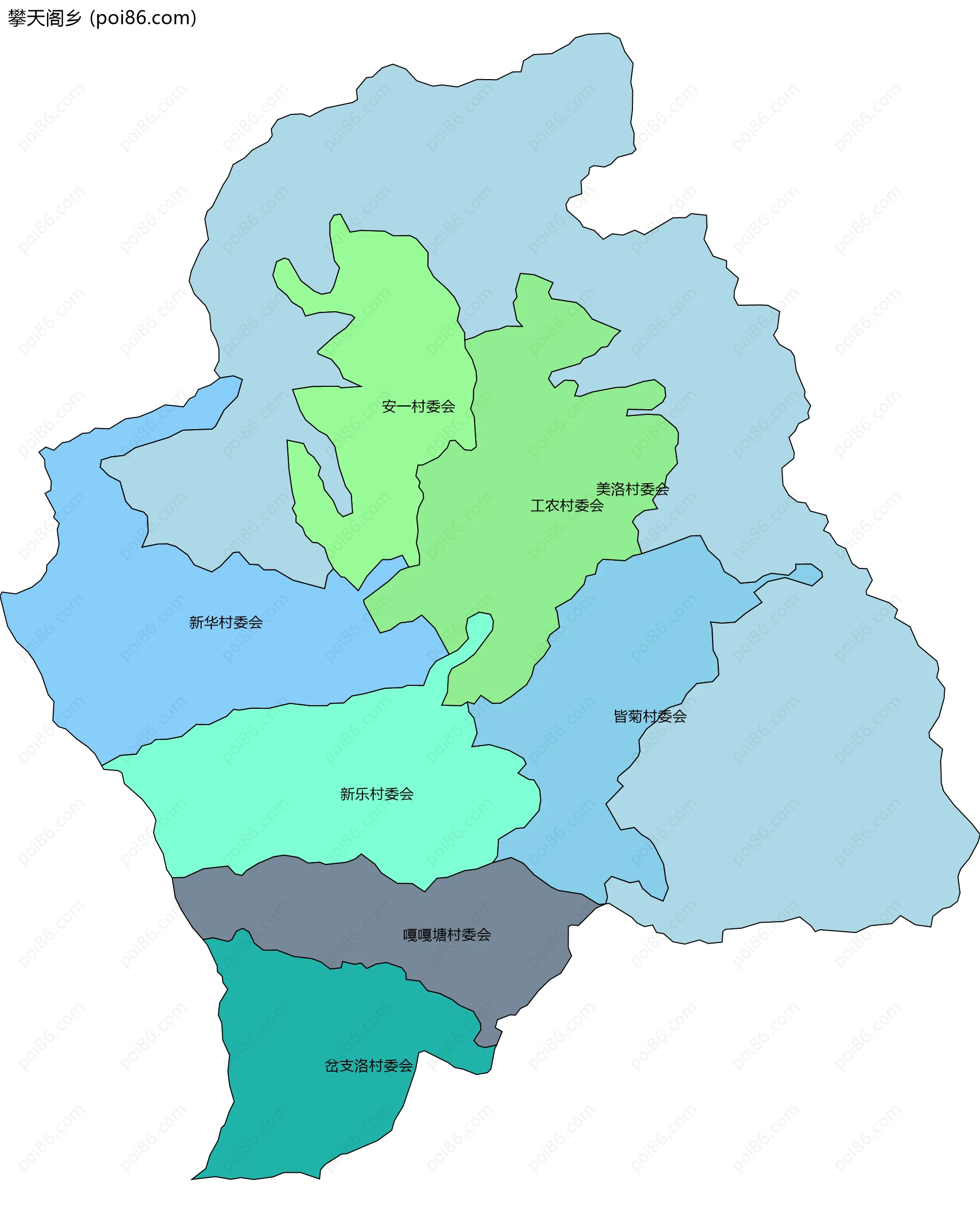 攀天阁乡边界地图(五级行政区划)