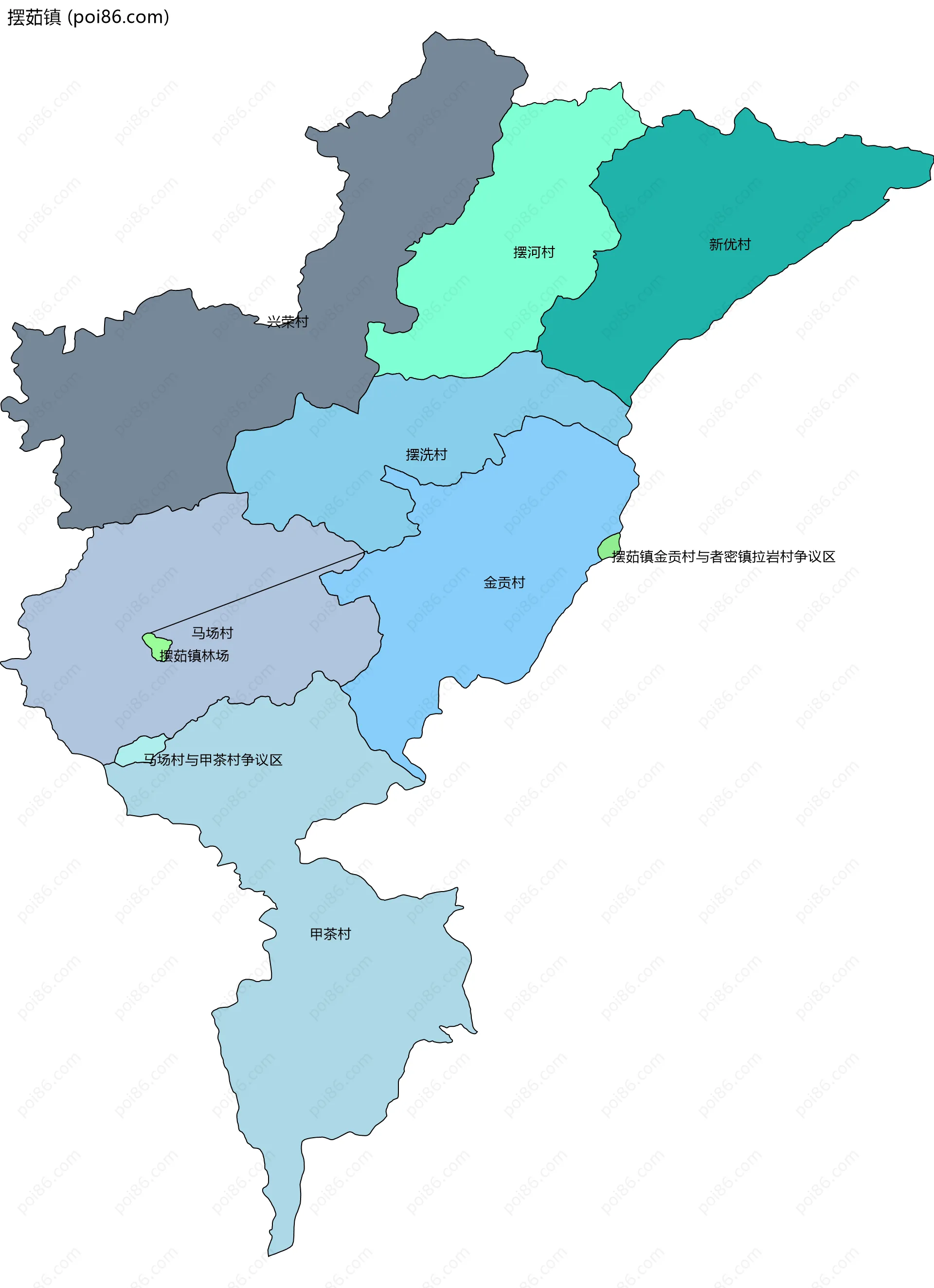摆茹镇边界地图(五级行政区划)