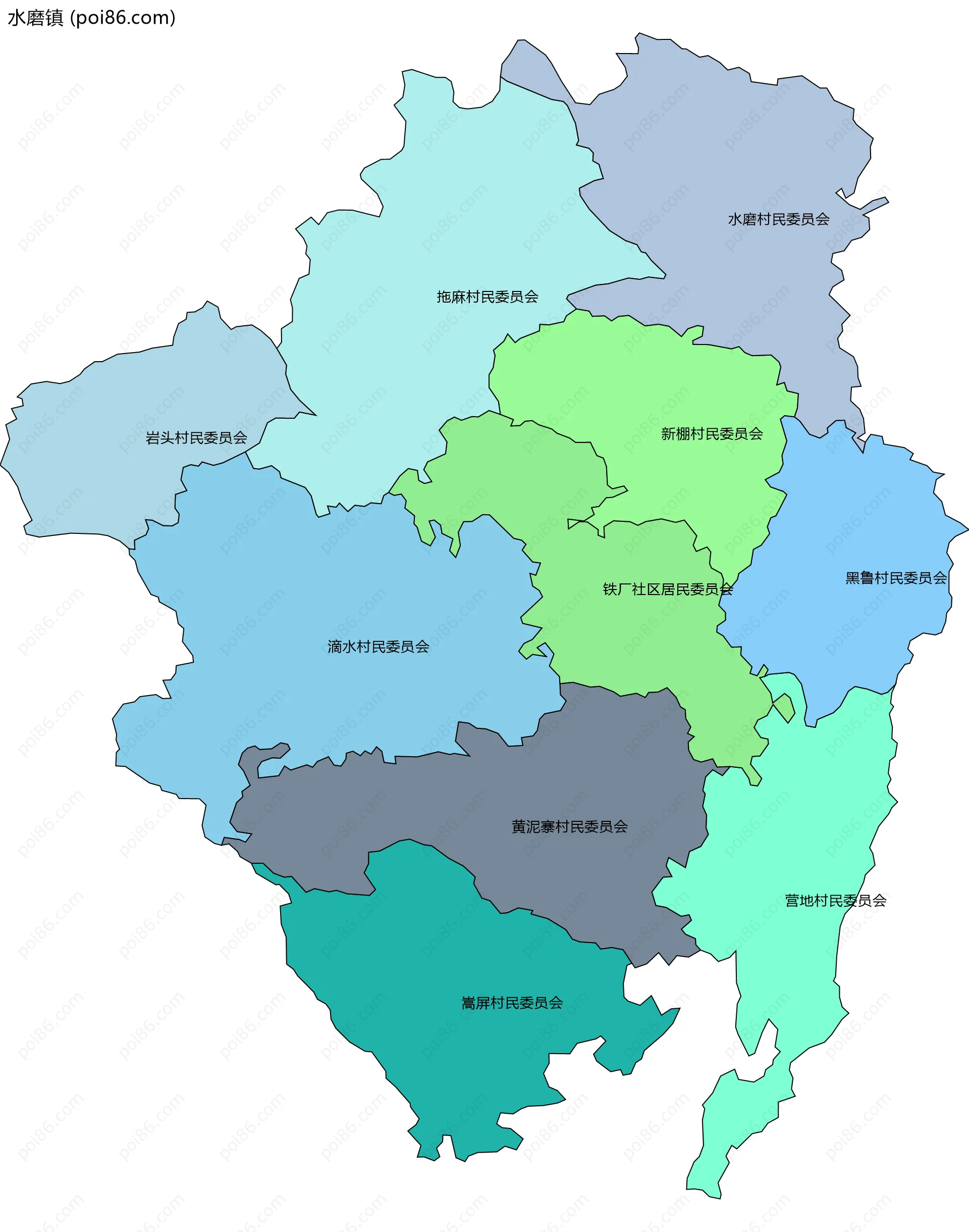 水磨镇边界地图(五级行政区划)