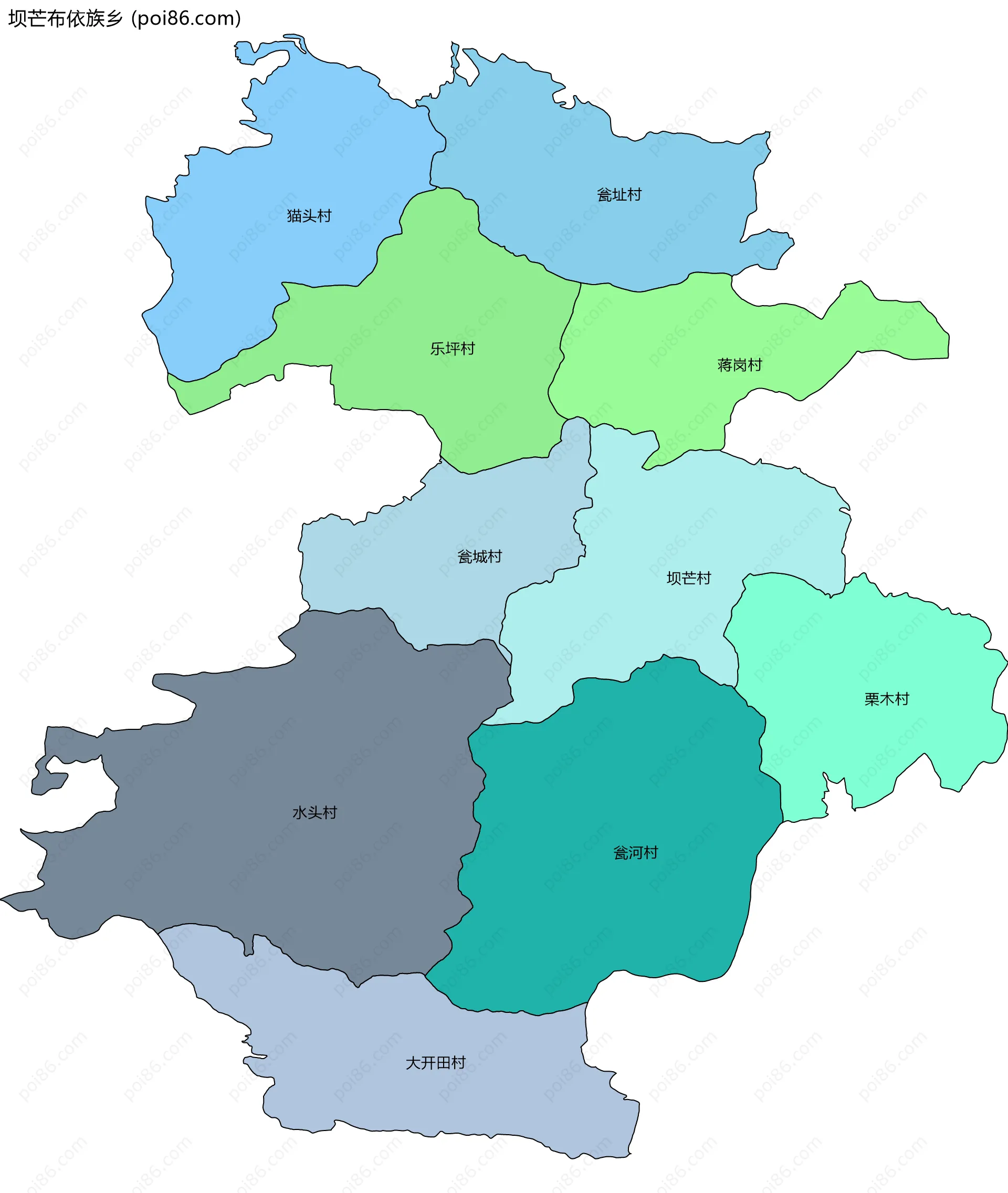 坝芒布依族乡边界地图(五级行政区划)