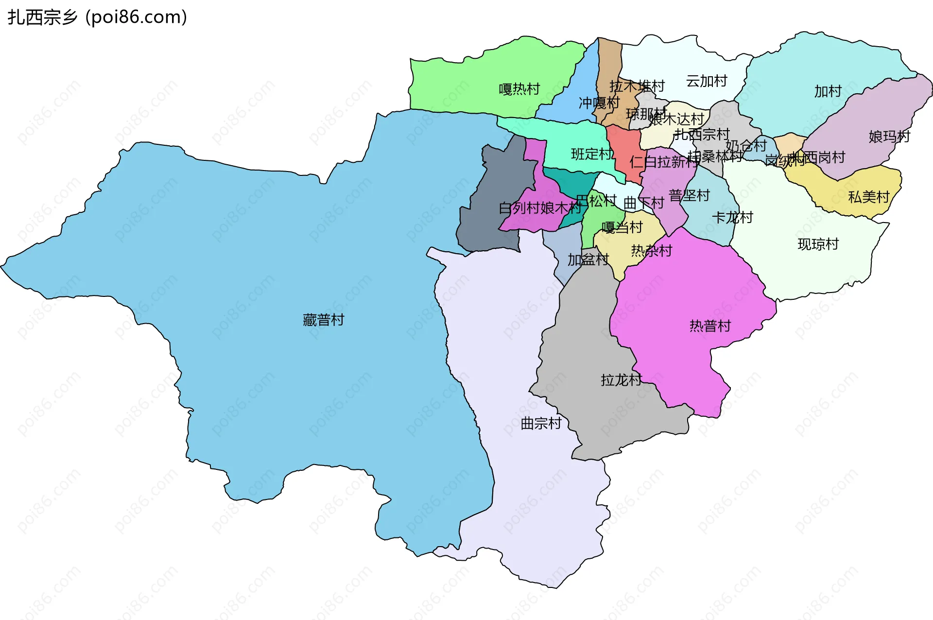 扎西宗乡边界地图(五级行政区划)