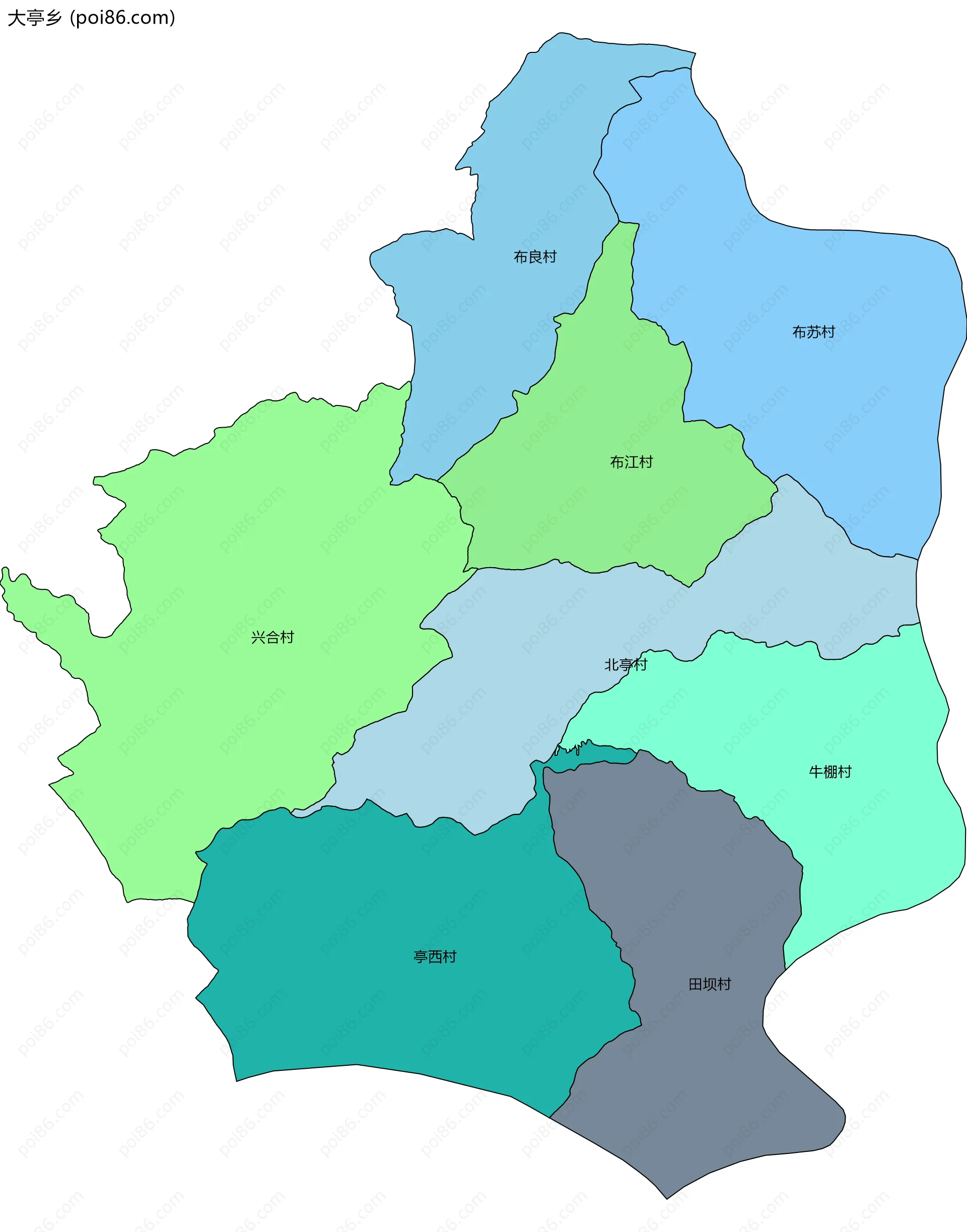 大亭乡边界地图(五级行政区划)