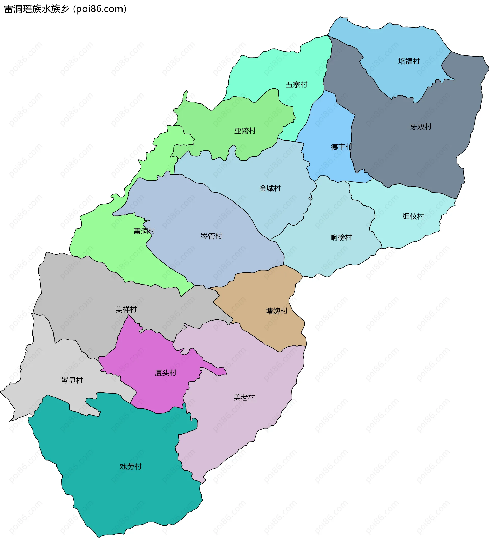 雷洞瑶族水族乡边界地图(五级行政区划)