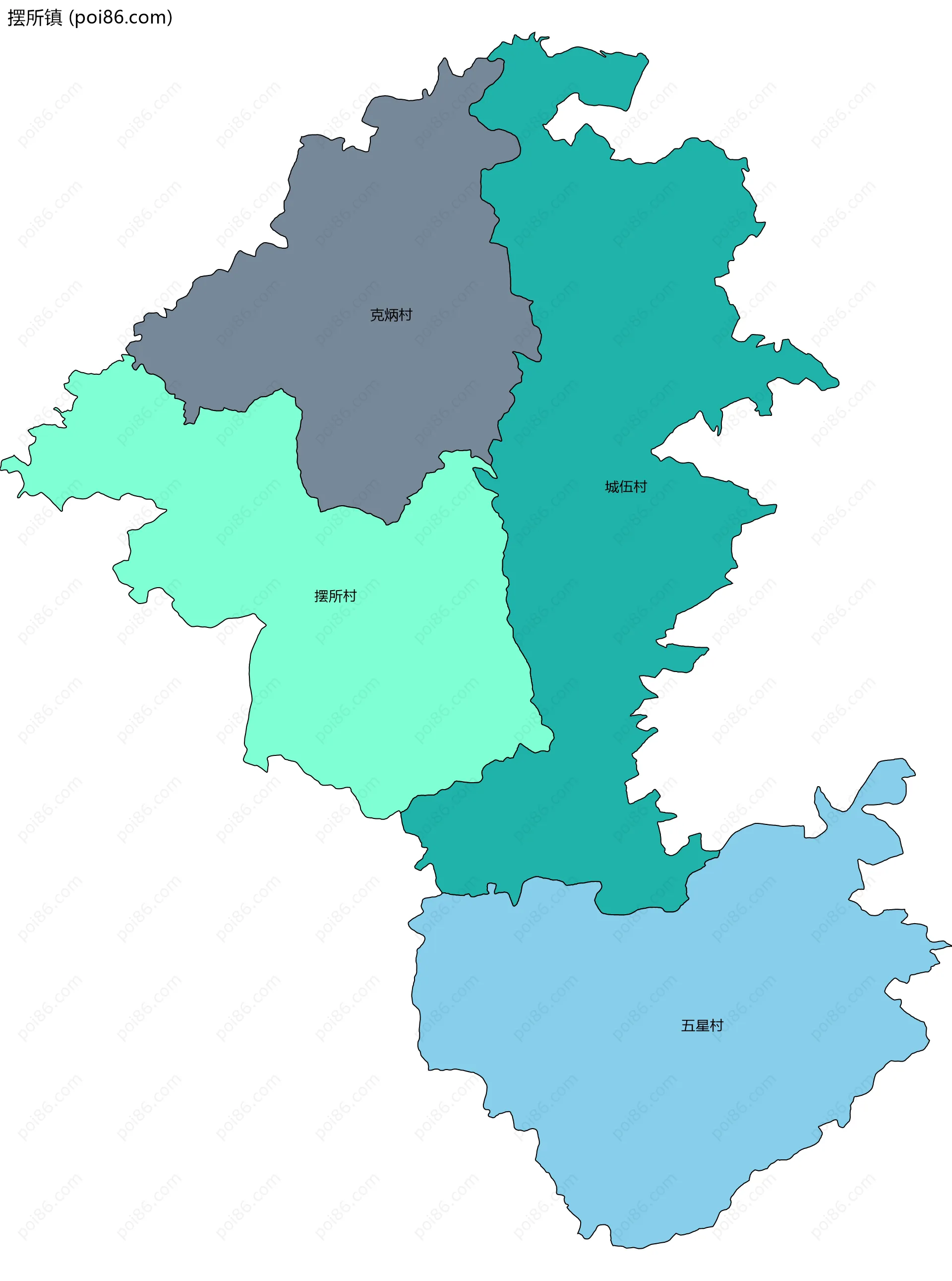 摆所镇边界地图(五级行政区划)