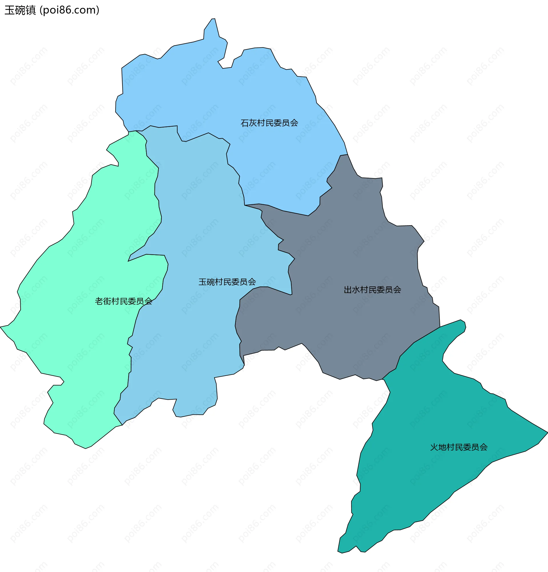 玉碗镇边界地图(五级行政区划)