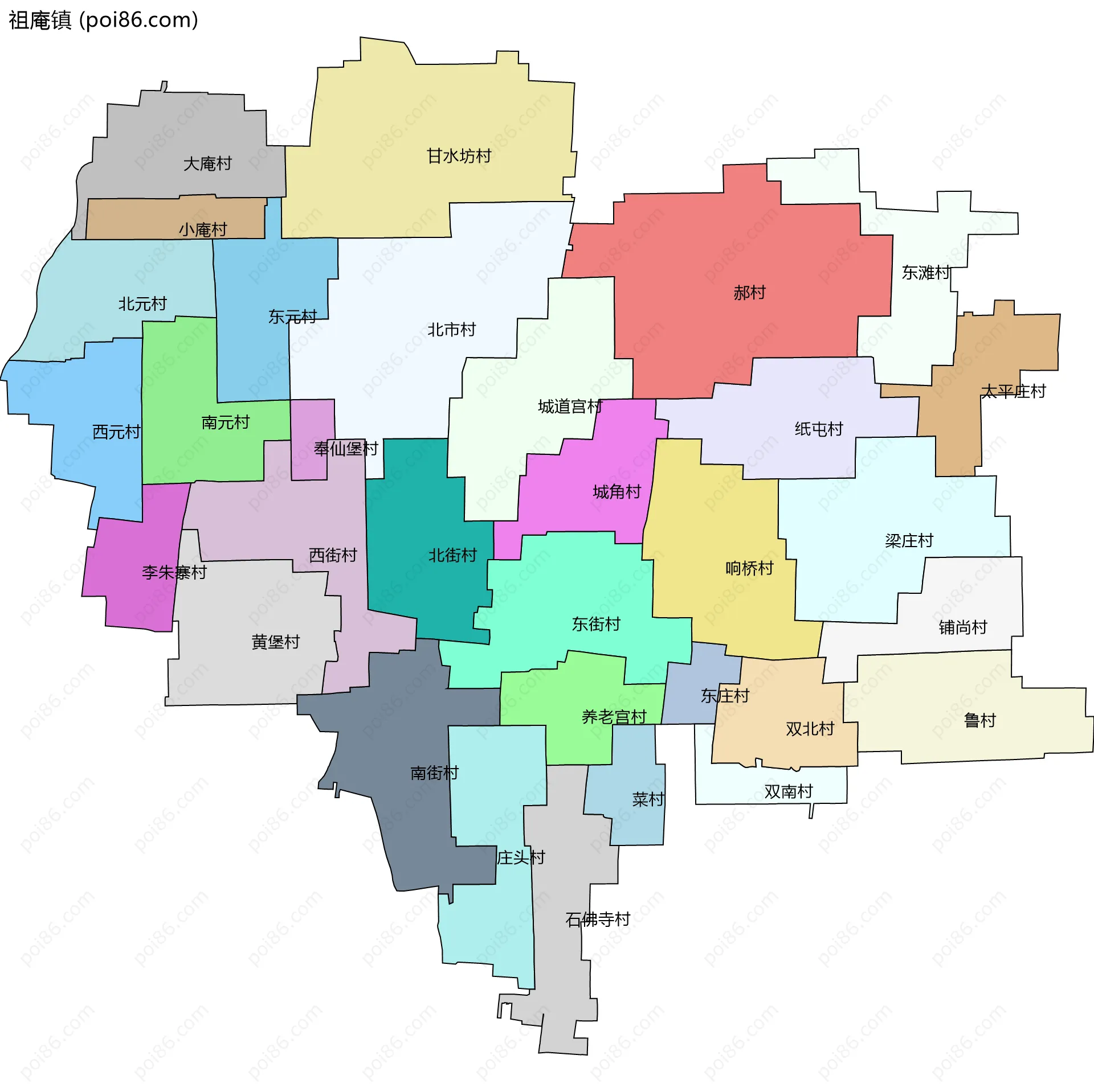 祖庵镇边界地图(五级行政区划)