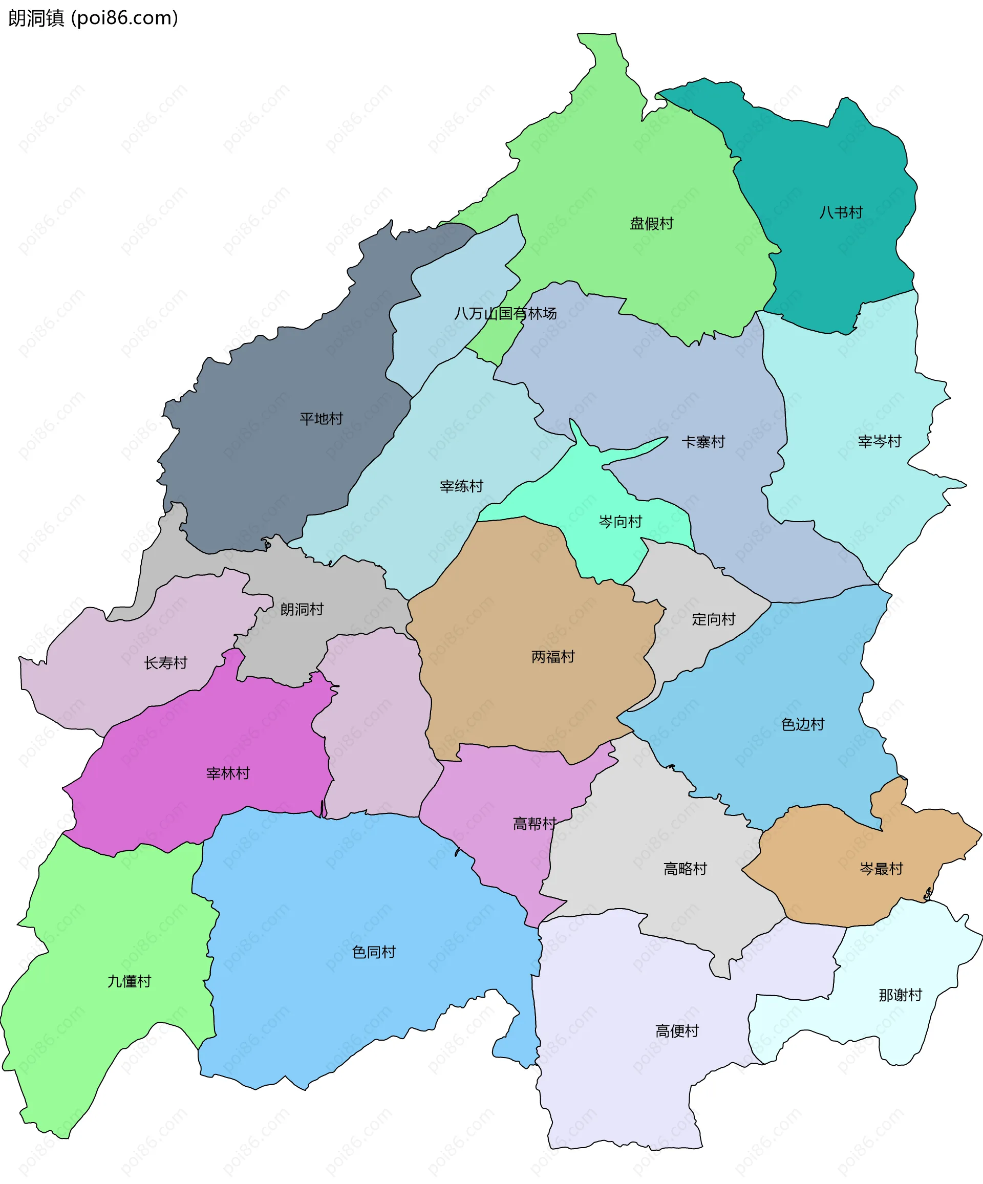 朗洞镇边界地图(五级行政区划)