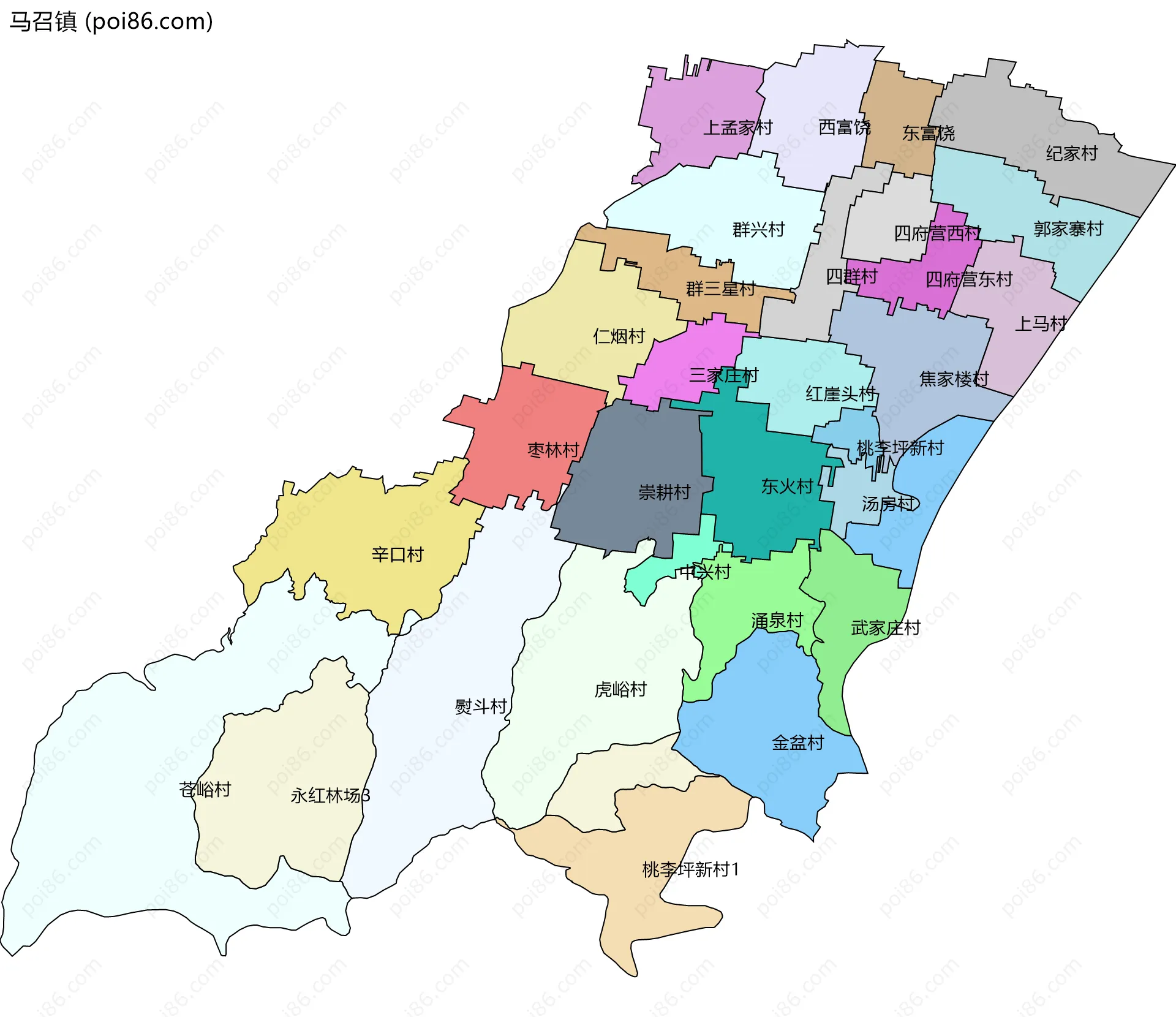 马召镇边界地图(五级行政区划)