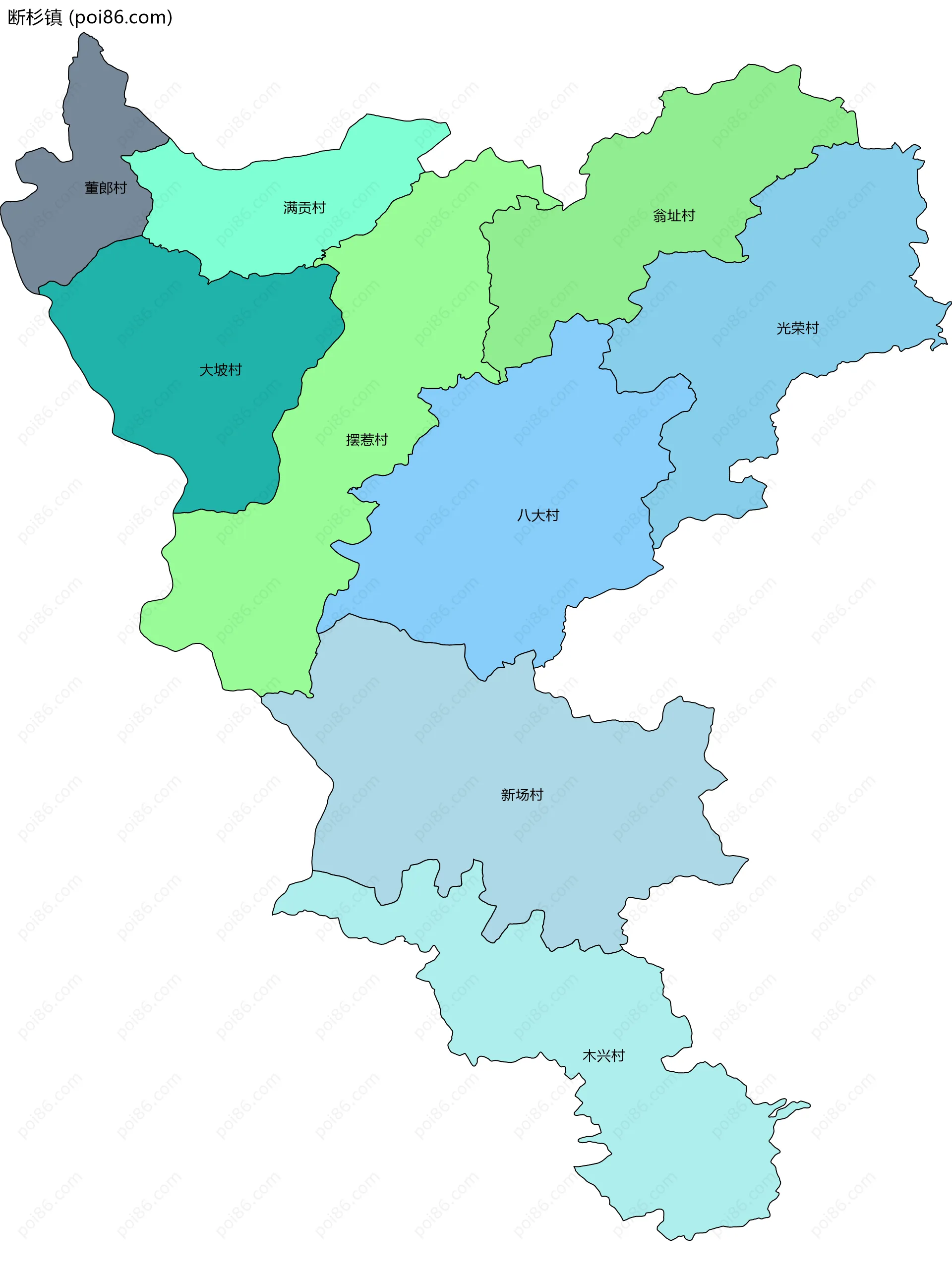 断杉镇边界地图(五级行政区划)