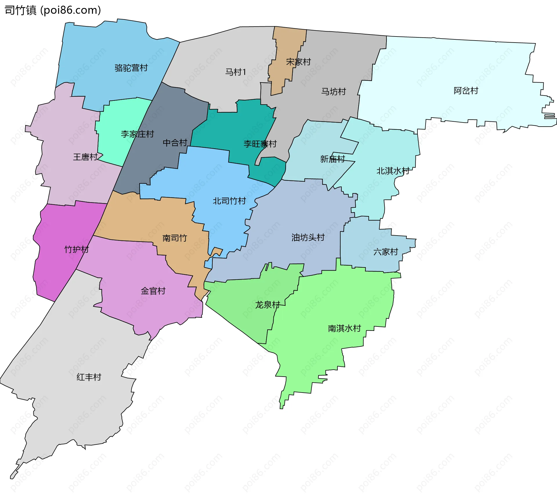 司竹镇边界地图(五级行政区划)