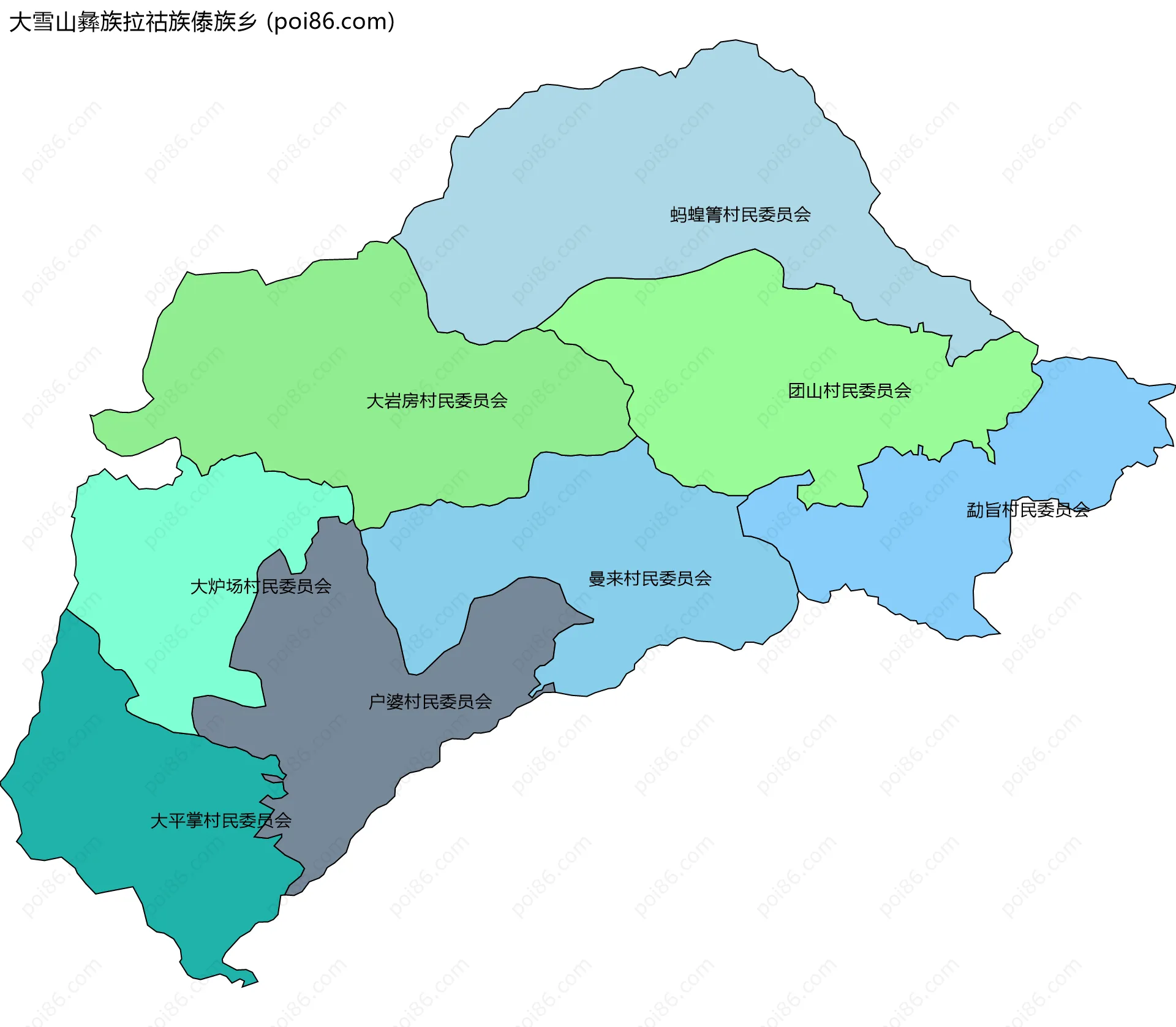 大雪山彝族拉祜族傣族乡边界地图(五级行政区划)