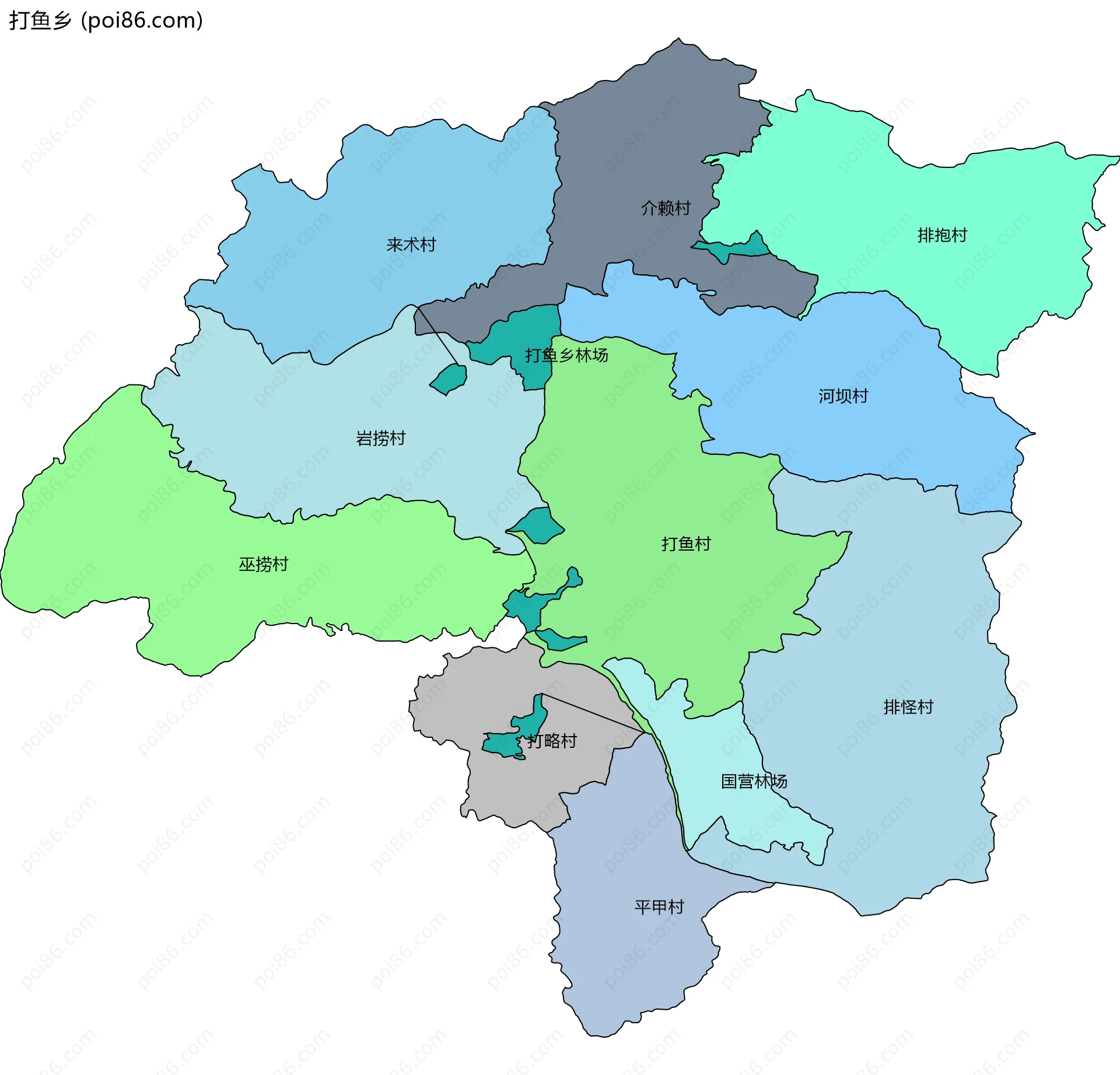 打鱼乡边界地图(五级行政区划)