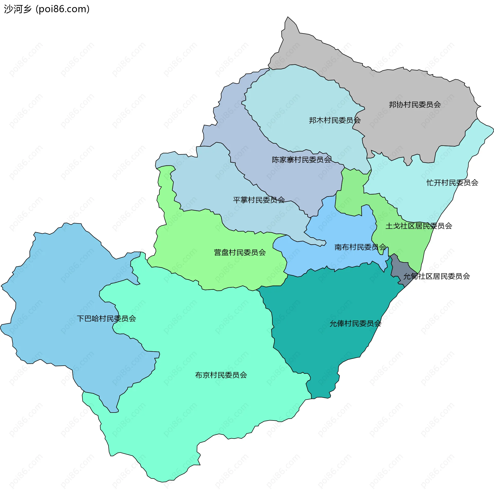 沙河乡边界地图(五级行政区划)