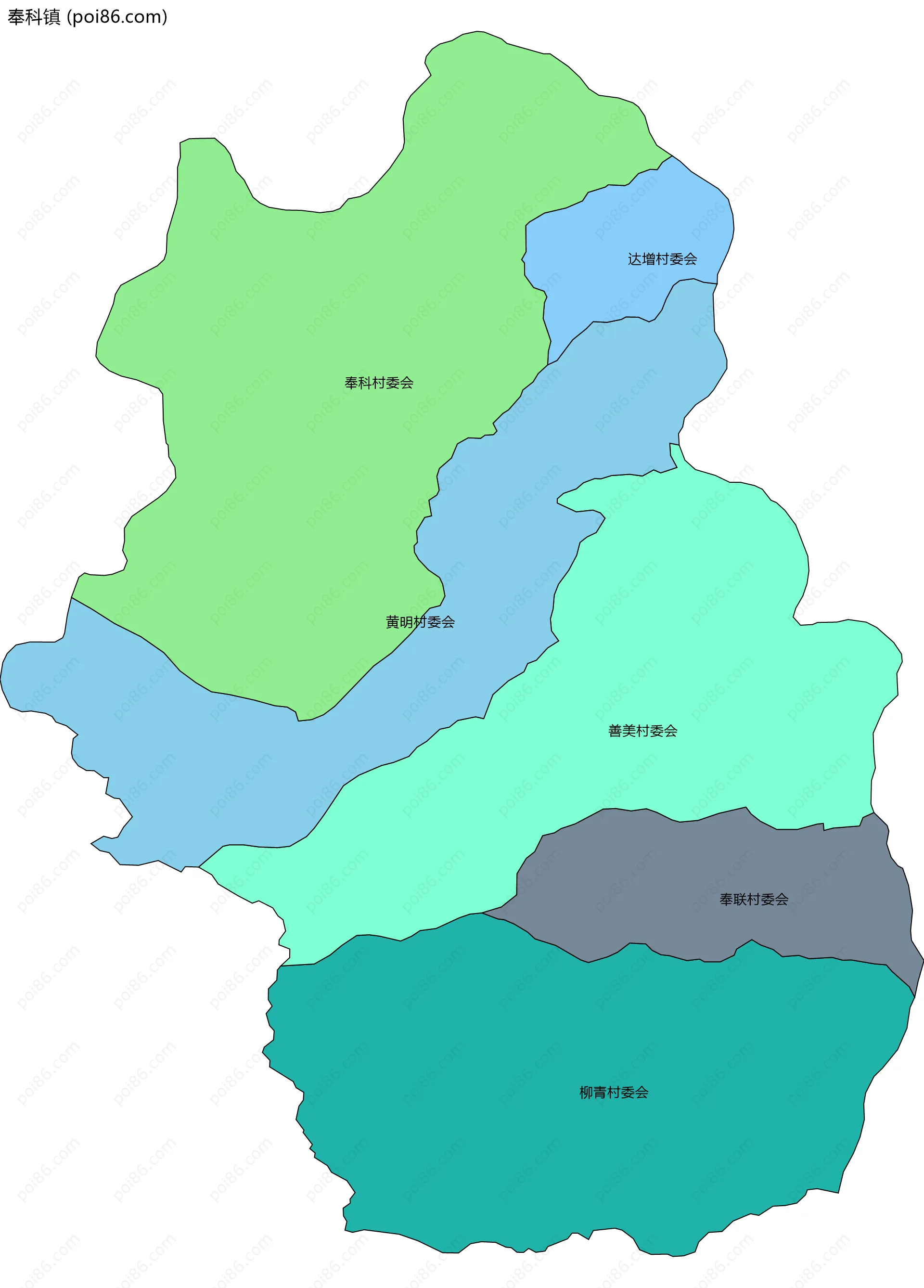 奉科镇边界地图(五级行政区划)