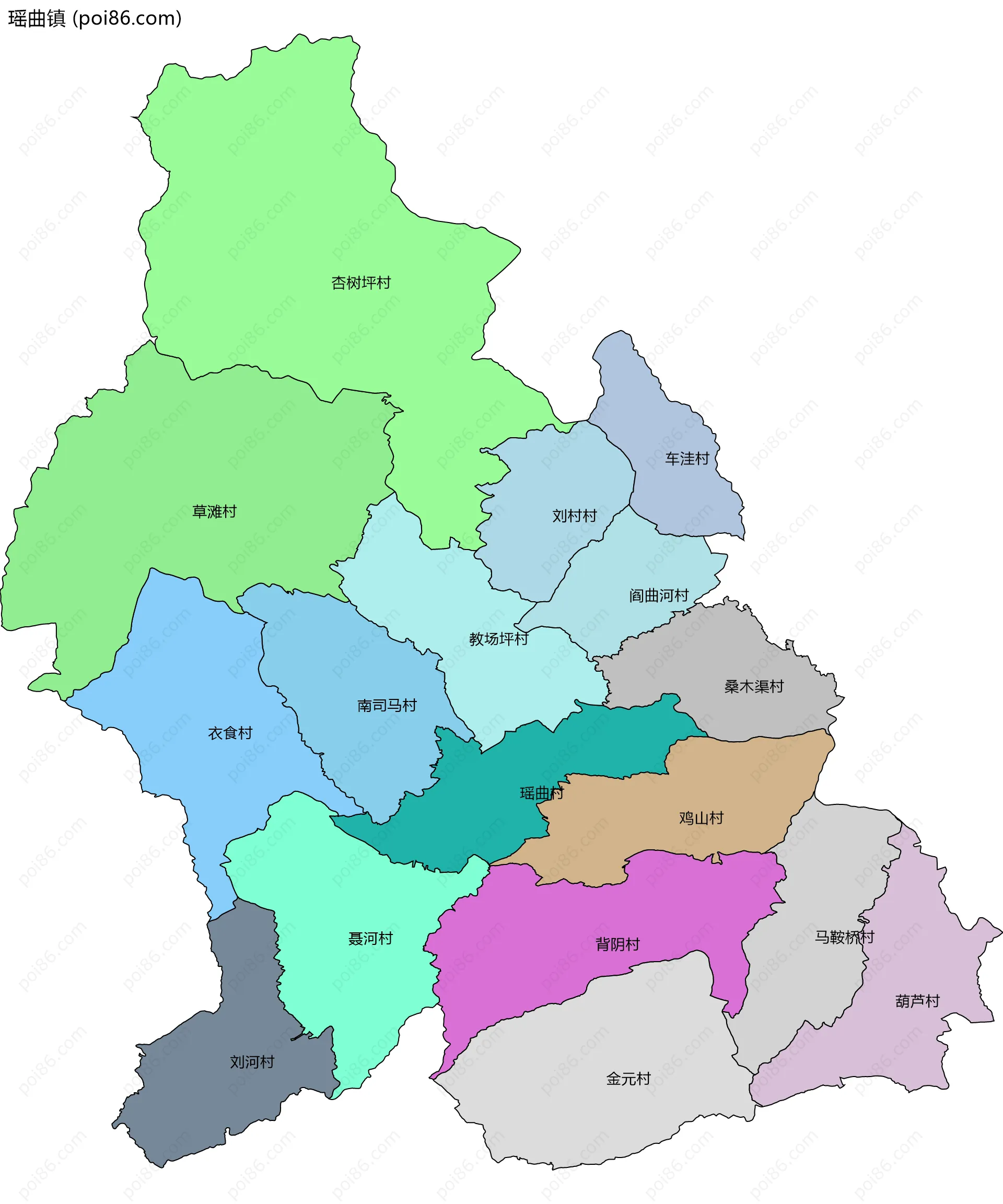 瑶曲镇边界地图(五级行政区划)