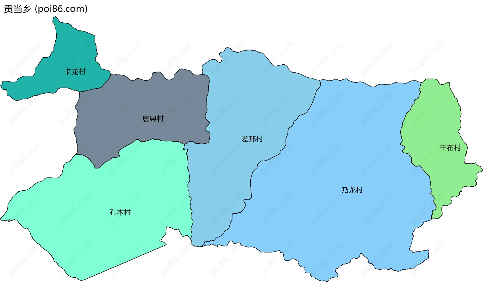 贡当乡边界地图(五级行政区划)