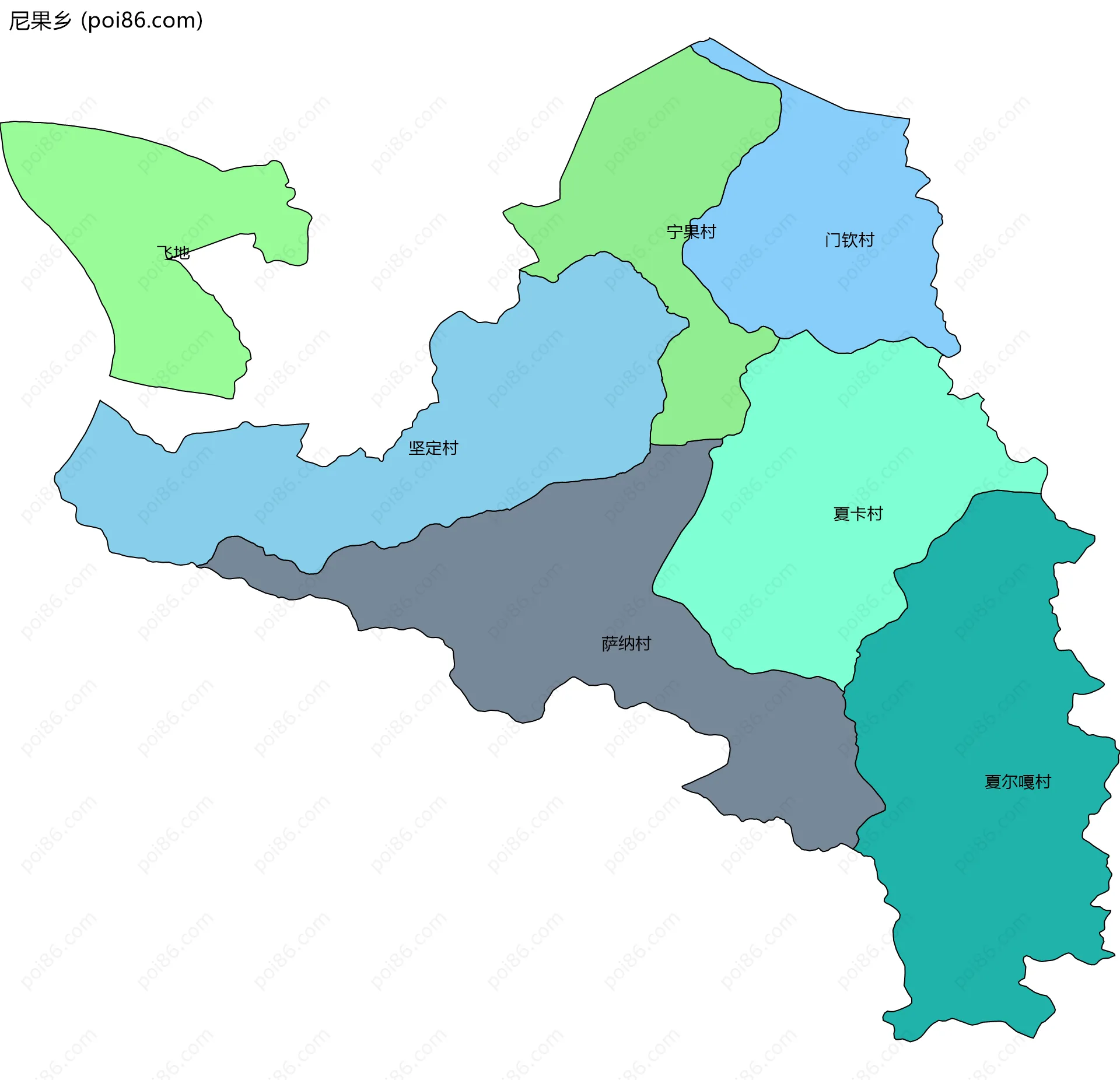 尼果乡边界地图(五级行政区划)
